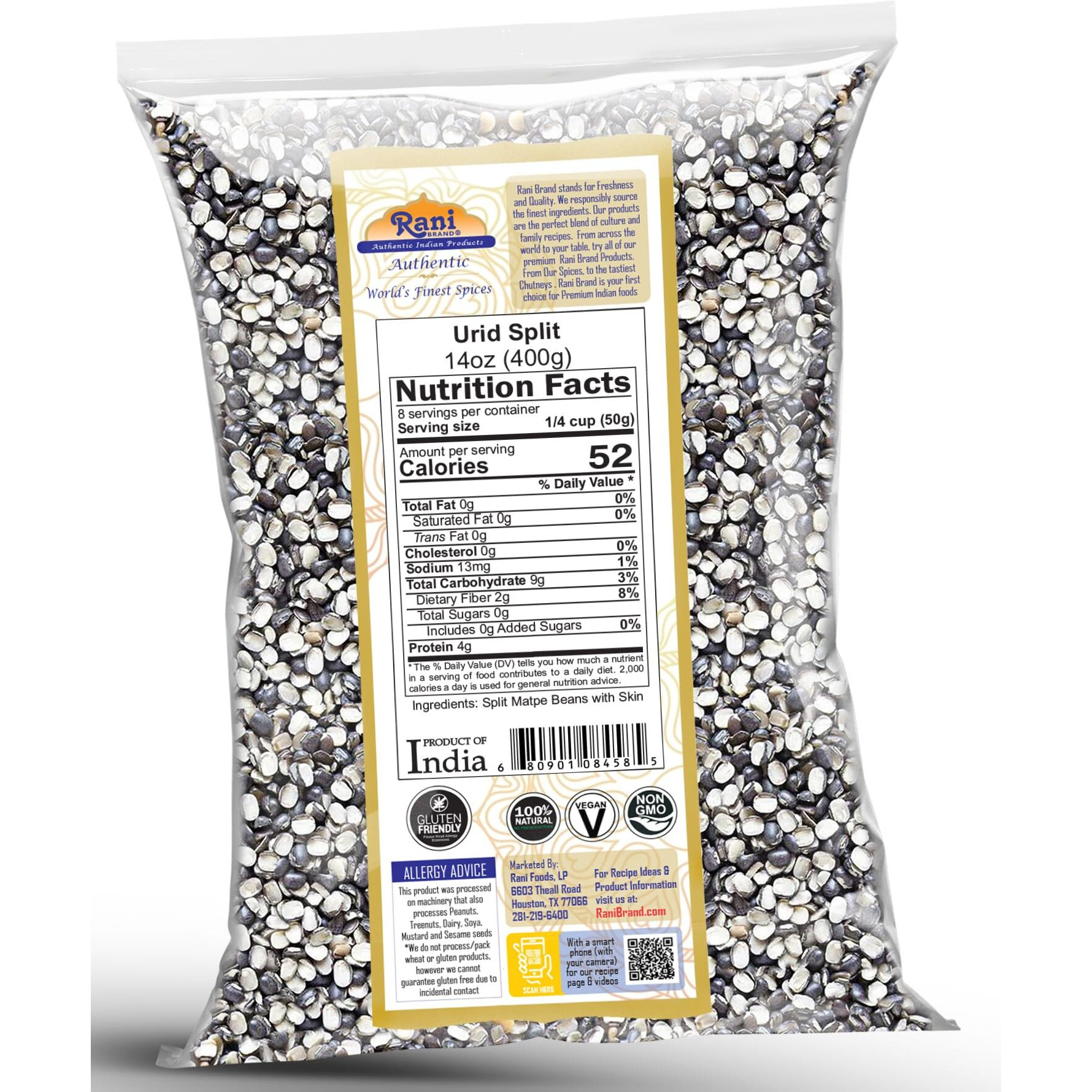 Rani Urid/Urad Split Chilka (Split Matpe Beans with Skin) Indian Lentils 14oz (400g) ~ All Natural, Gluten Friendly, Non-GMO, Kosher, Vegan, Indian Origin (Size 14oz (400g))