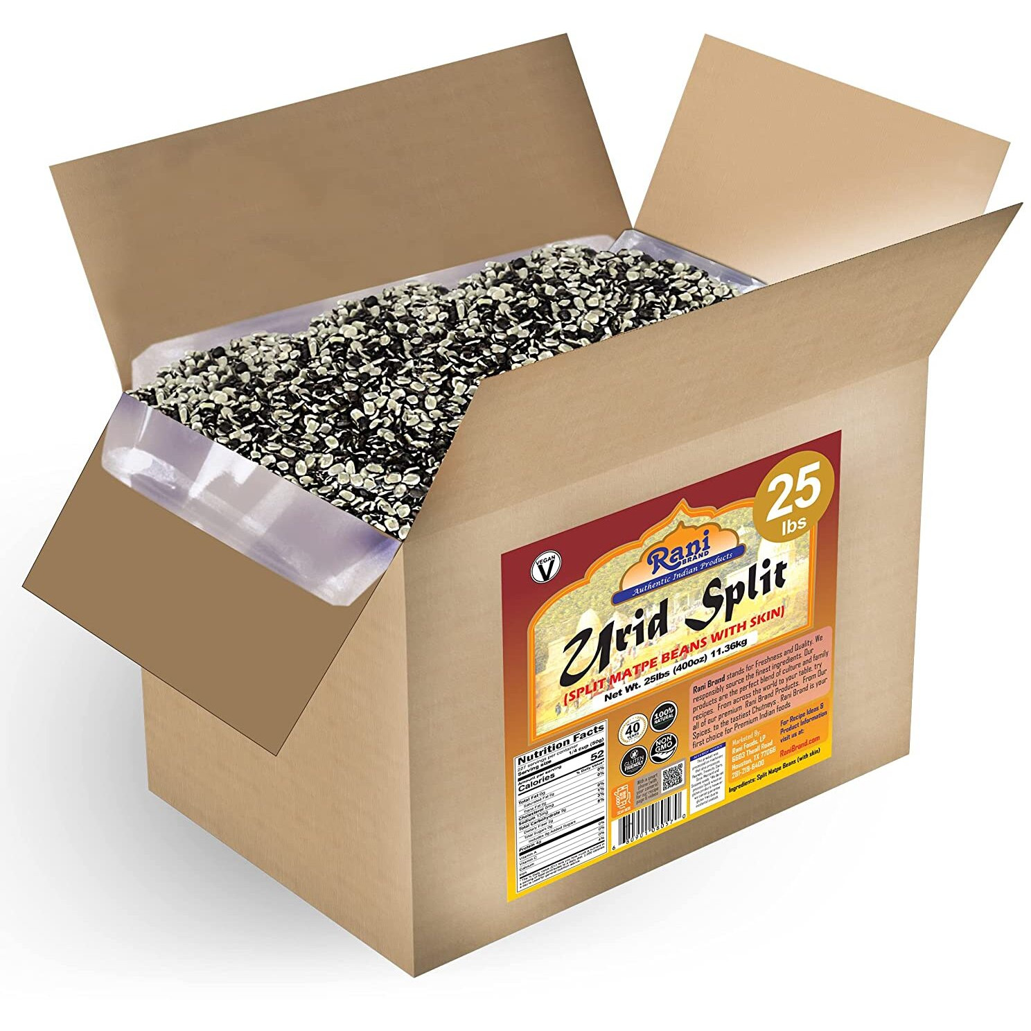 Rani Urid/Urad Split Chilka (Split Matpe Beans with Skin) Indian Lentils 400oz (25lbs) 11.36kg Bulk Box ~ All Natural, Gluten Friendly, Non-GMO, Kosher, Vegan, Indian Origin (Size 400oz (25lbs) 11.36kg)