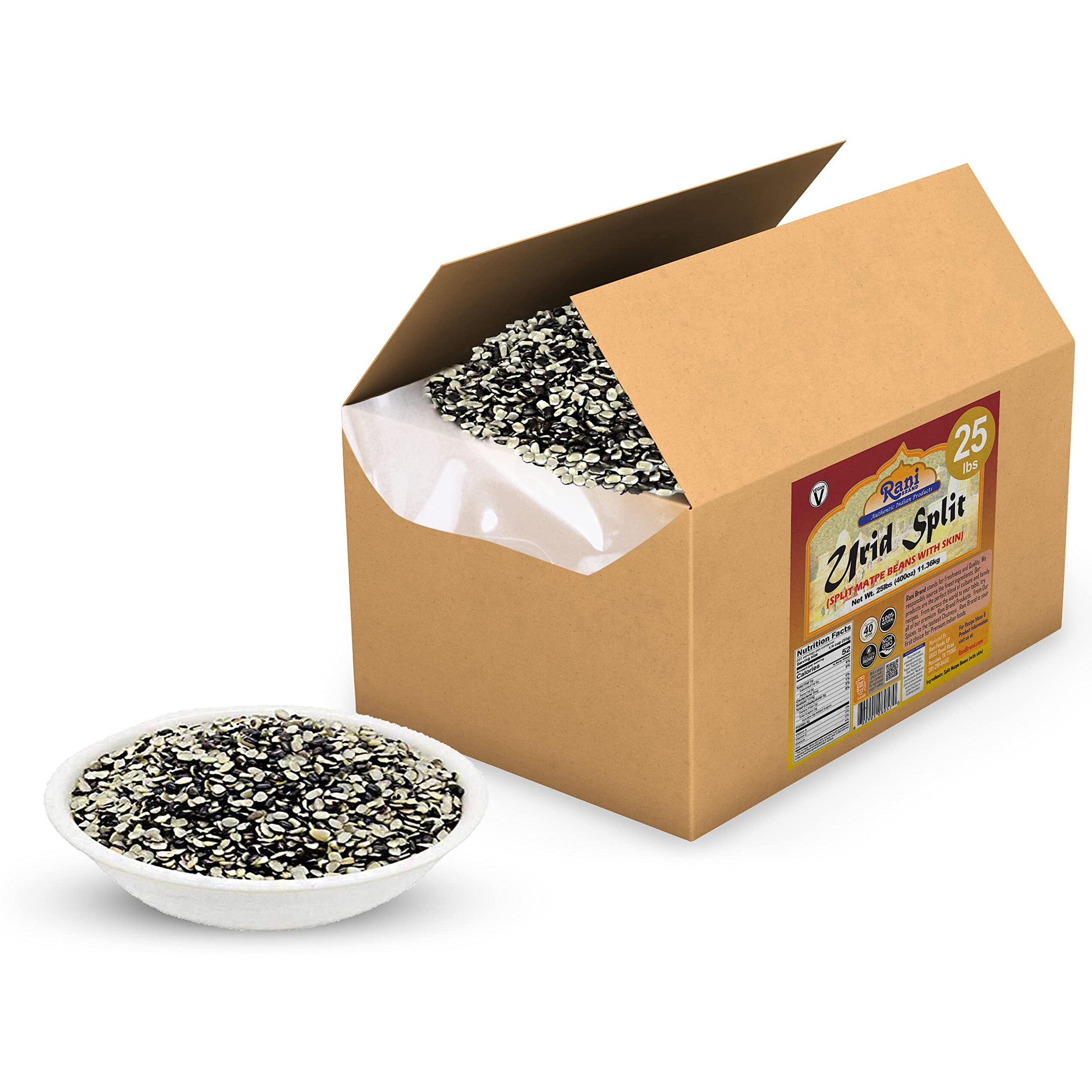 Rani Urid/Urad Split Chilka (Split Matpe Beans with Skin) Indian Lentils 400oz (25lbs) 11.36kg Bulk Box ~ All Natural, Gluten Friendly, Non-GMO, Kosher, Vegan, Indian Origin (Size 400oz (25lbs) 11.36kg)