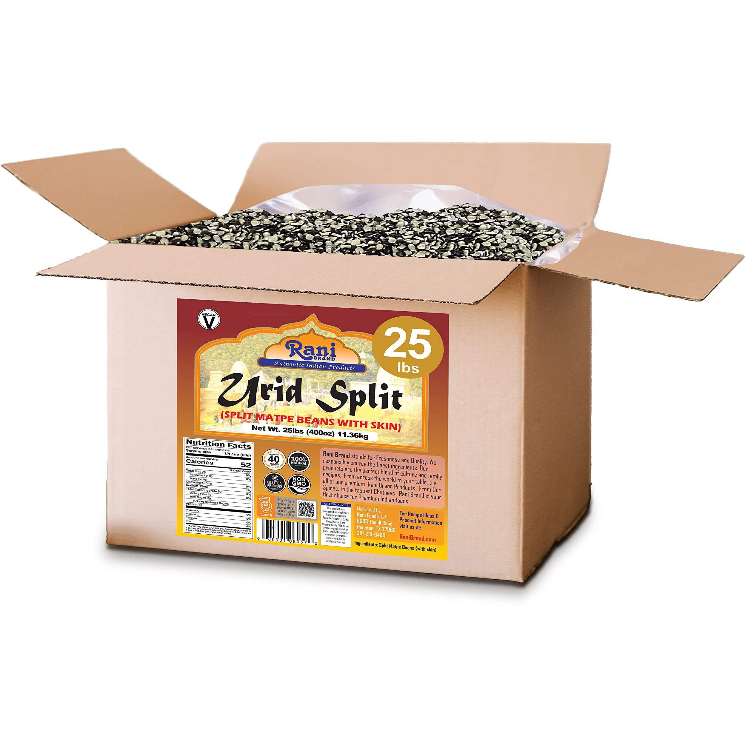 Rani Urid/Urad Split Chilka (Split Matpe Beans with Skin) Indian Lentils 400oz (25lbs) 11.36kg Bulk Box ~ All Natural, Gluten Friendly, Non-GMO, Kosher, Vegan, Indian Origin (Size 400oz (25lbs) 11.36kg)