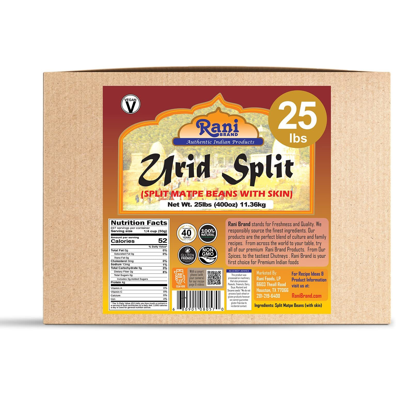Rani Urid/Urad Split Chilka (Split Matpe Beans with Skin) Indian Lentils 400oz (25lbs) 11.36kg Bulk Box ~ All Natural, Gluten Friendly, Non-GMO, Kosher, Vegan, Indian Origin (Size 400oz (25lbs) 11.36kg)