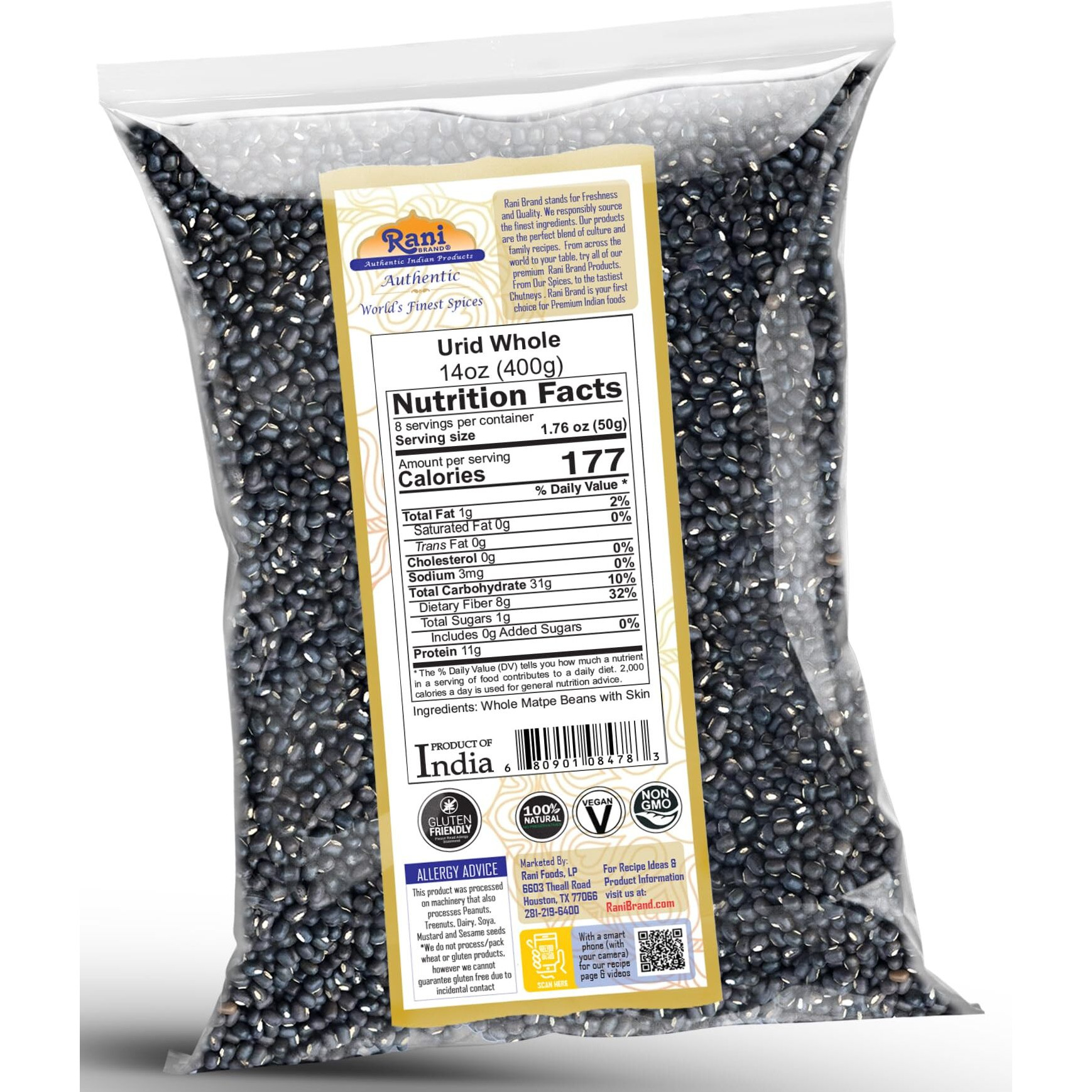 Rani Urid/Urad Whole Black (Matpe Beans with Skin) Indian Lentils 14oz (400g) ~ All Natural, Gluten Friendly, Non-GMO, Kosher, Vegan, Indian Origin (Size 14oz (400g))