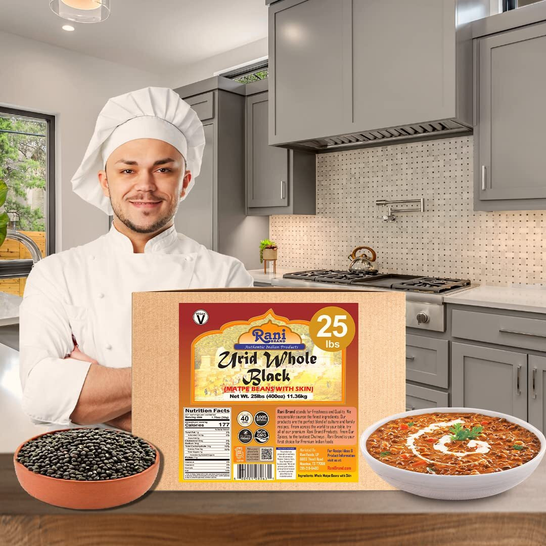 Rani Urid/Urad Whole Black (Matpe Beans with Skin) Indian Lentils 400oz (25lbs) 11.36kg Bulk Box ~ All Natural, Gluten Friendly, Non-GMO, Kosher, Vegan, Indian Origin (Size 400oz (25lbs) 11.36kg)