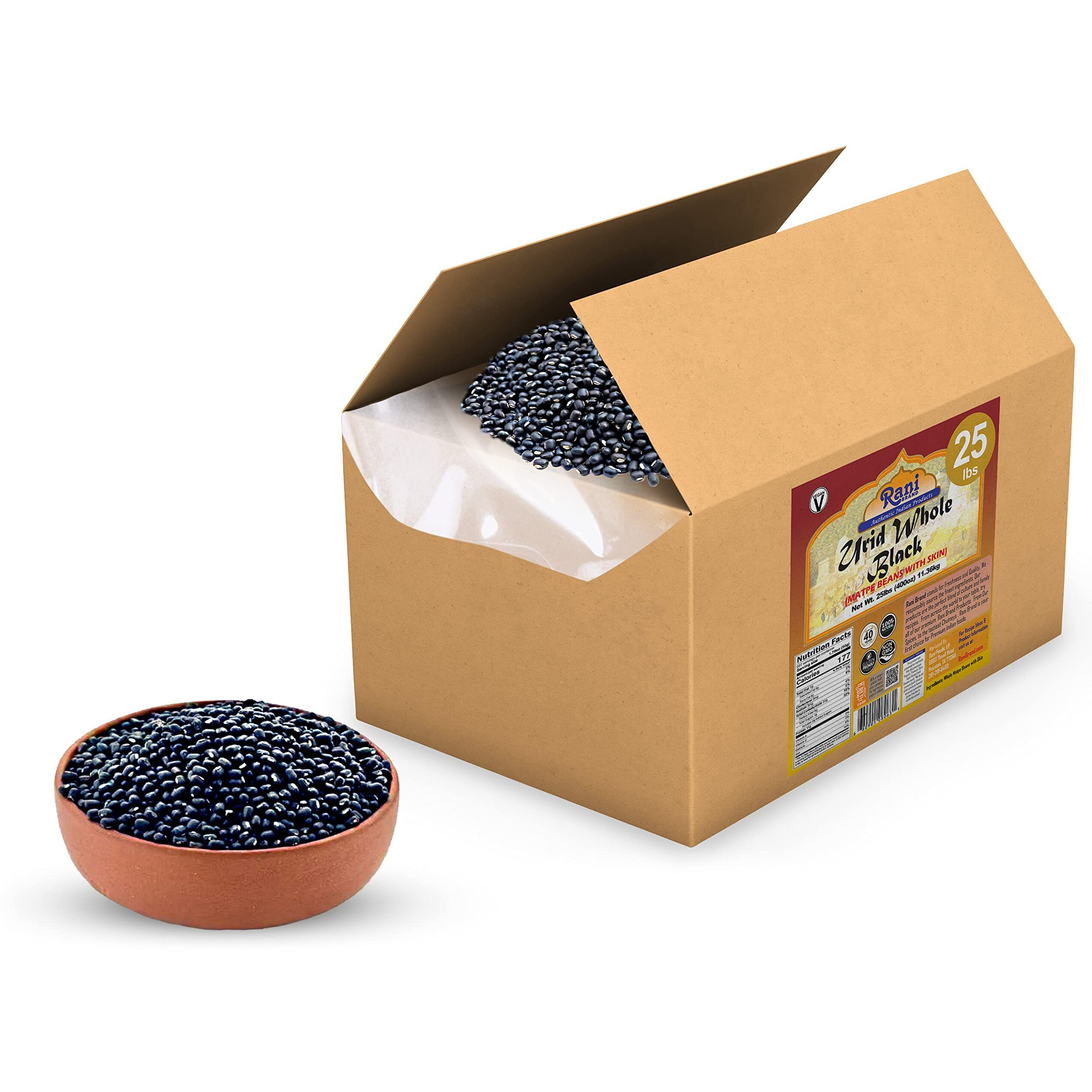 Rani Urid/Urad Whole Black (Matpe Beans with Skin) Indian Lentils 400oz (25lbs) 11.36kg Bulk Box ~ All Natural, Gluten Friendly, Non-GMO, Kosher, Vegan, Indian Origin (Size 400oz (25lbs) 11.36kg)
