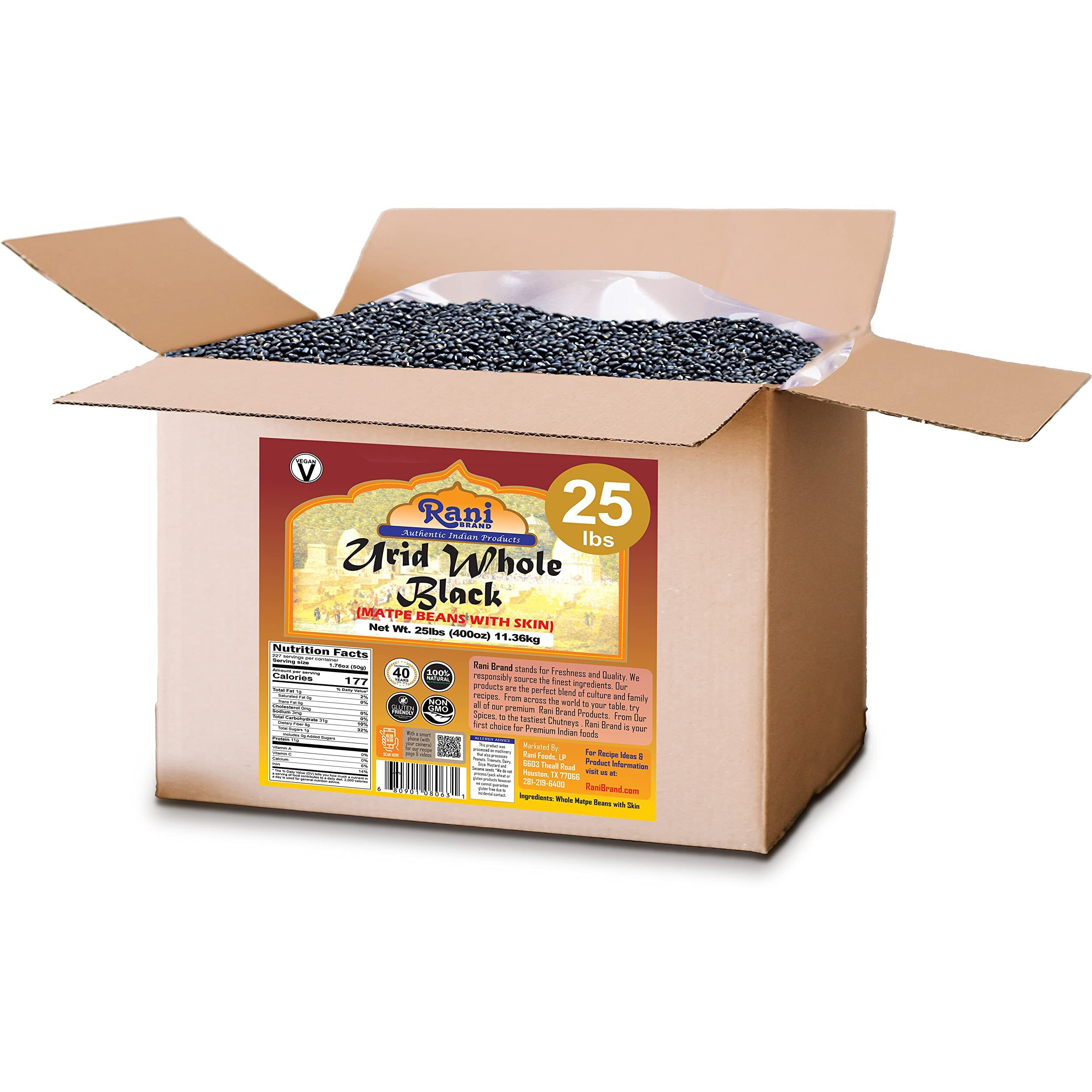 Rani Urid/Urad Whole Black (Matpe Beans with Skin) Indian Lentils 400oz (25lbs) 11.36kg Bulk Box ~ All Natural, Gluten Friendly, Non-GMO, Kosher, Vegan, Indian Origin (Size 400oz (25lbs) 11.36kg)