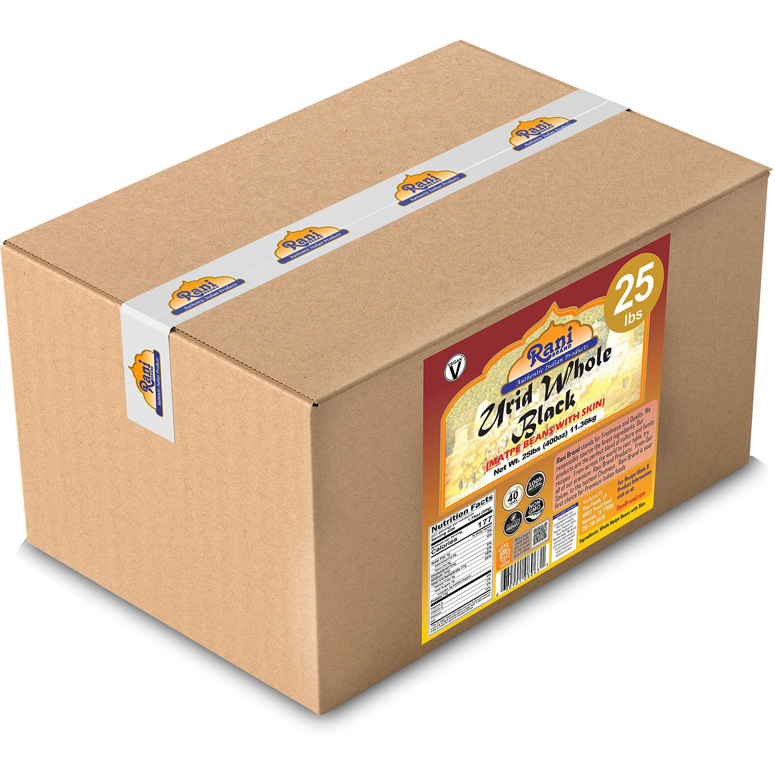 Rani Urid/Urad Whole Black (Matpe Beans with Skin) Indian Lentils 400oz (25lbs) 11.36kg Bulk Box ~ All Natural, Gluten Friendly, Non-GMO, Kosher, Vegan, Indian Origin (Size 400oz (25lbs) 11.36kg)
