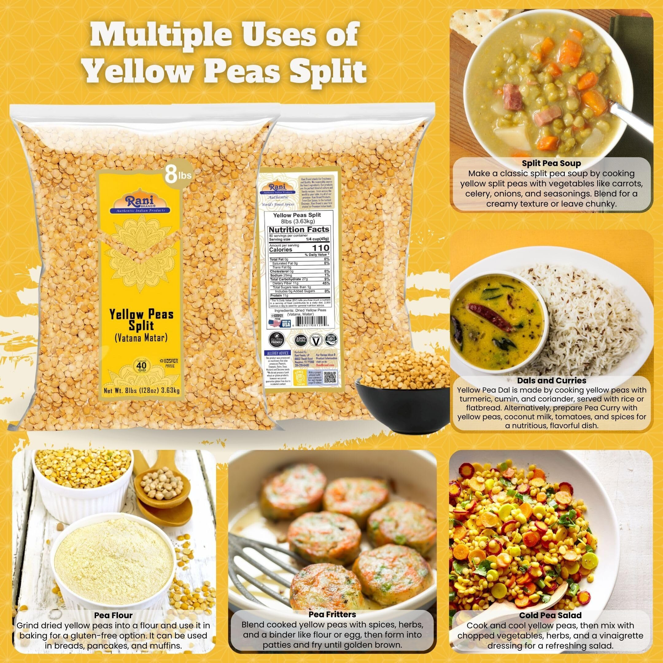 Rani Yellow Peas Split, Dried (Vatana, Matar) 128oz (8lbs) 3.63kg Bulk ~ All Natural, Vegan, Kosher, Gluten Friendly, Product of USA (Size 128oz (8lbs) 3.63kg)