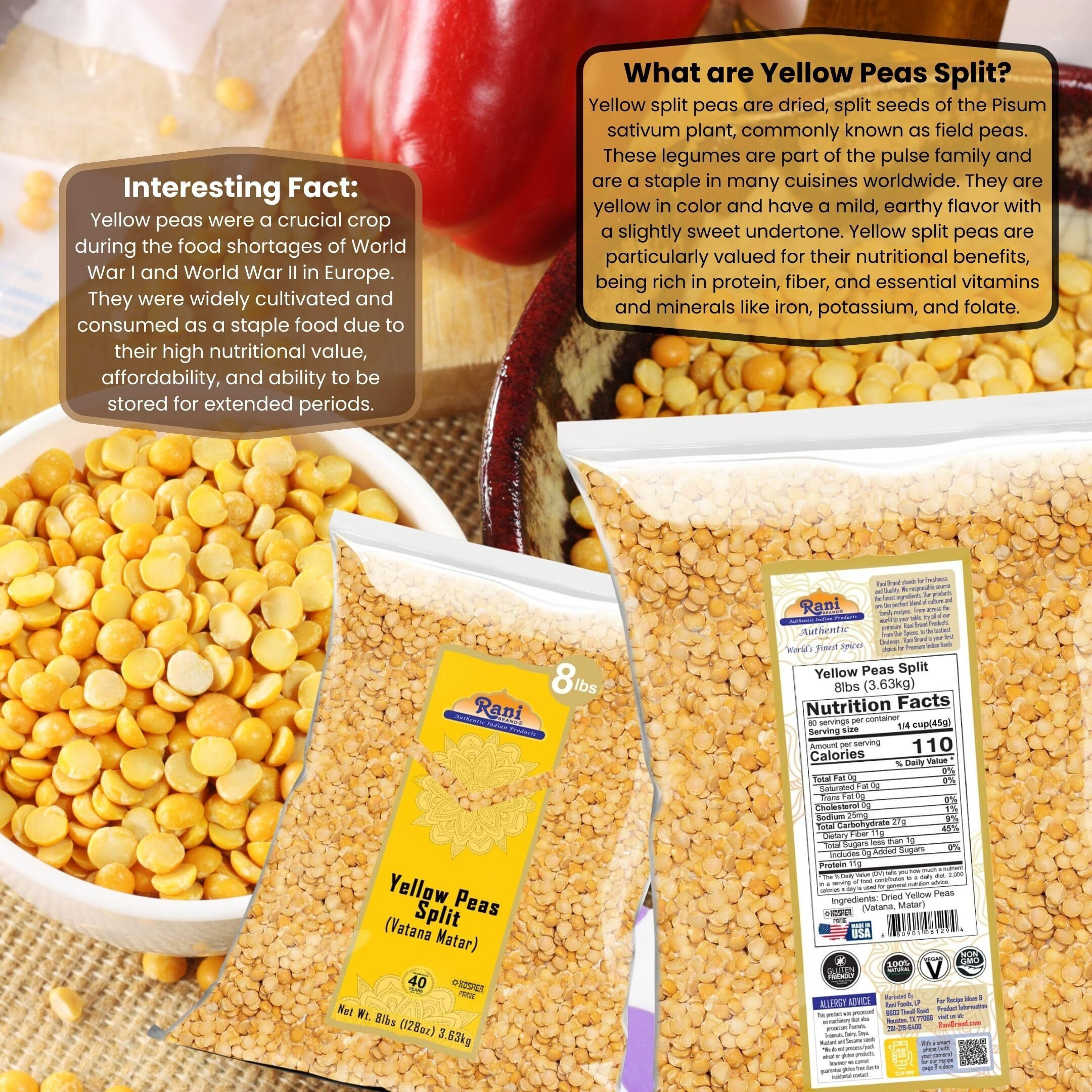 Rani Yellow Peas Split, Dried (Vatana, Matar) 128oz (8lbs) 3.63kg Bulk ~ All Natural, Vegan, Kosher, Gluten Friendly, Product of USA (Size 128oz (8lbs) 3.63kg)