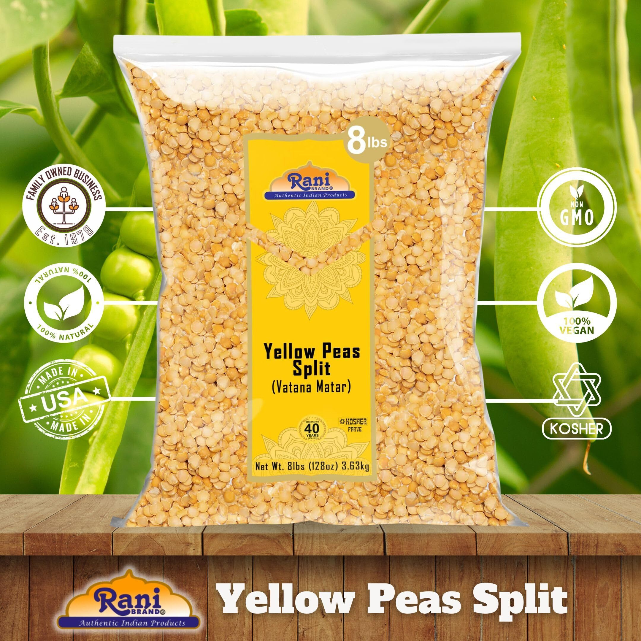 Rani Yellow Peas Split, Dried (Vatana, Matar) 128oz (8lbs) 3.63kg Bulk ~ All Natural, Vegan, Kosher, Gluten Friendly, Product of USA (Size 128oz (8lbs) 3.63kg)