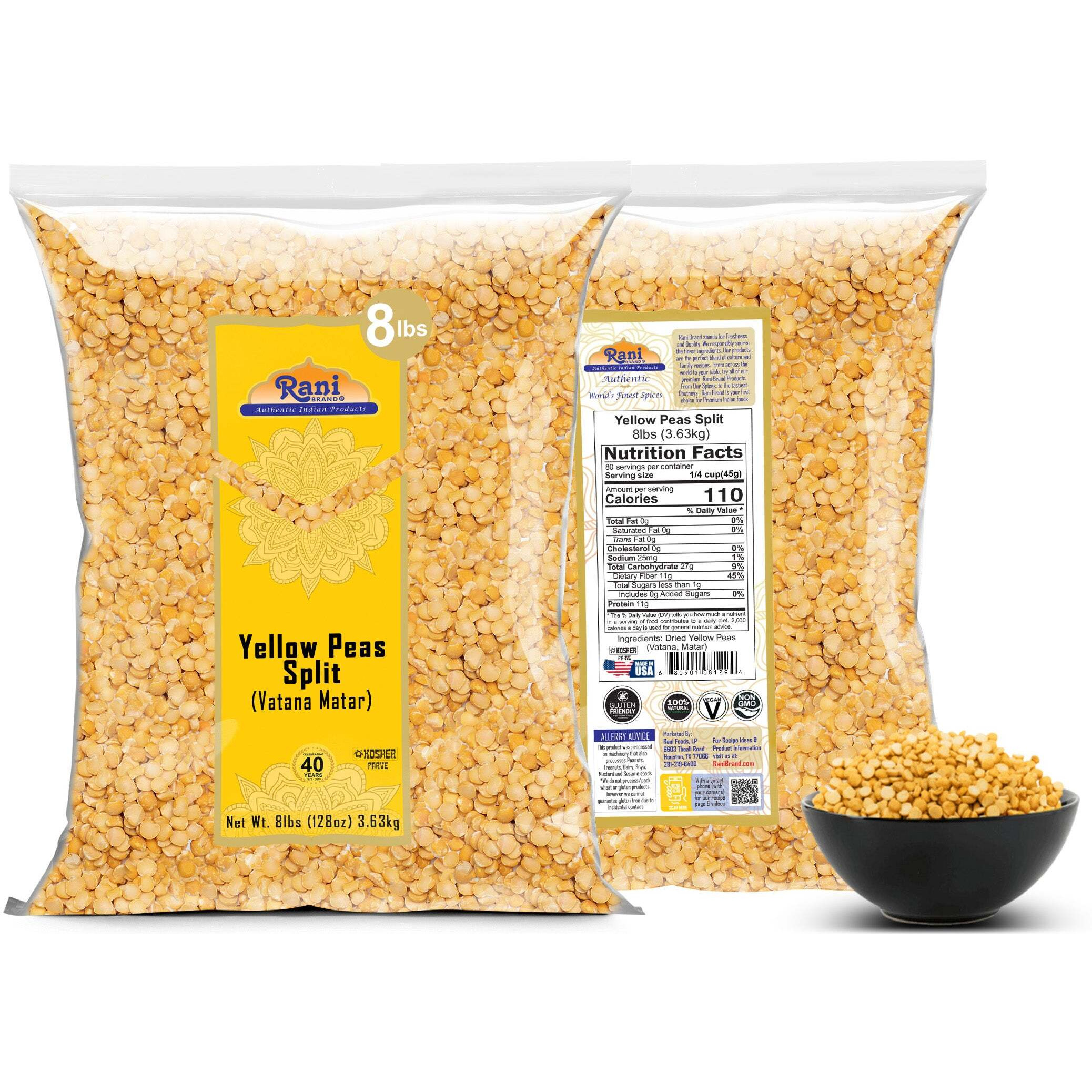 Rani Yellow Peas Split, Dried (Vatana, Matar) 128oz (8lbs) 3.63kg Bulk ~ All Natural, Vegan, Kosher, Gluten Friendly, Product of USA (Size 128oz (8lbs) 3.63kg)