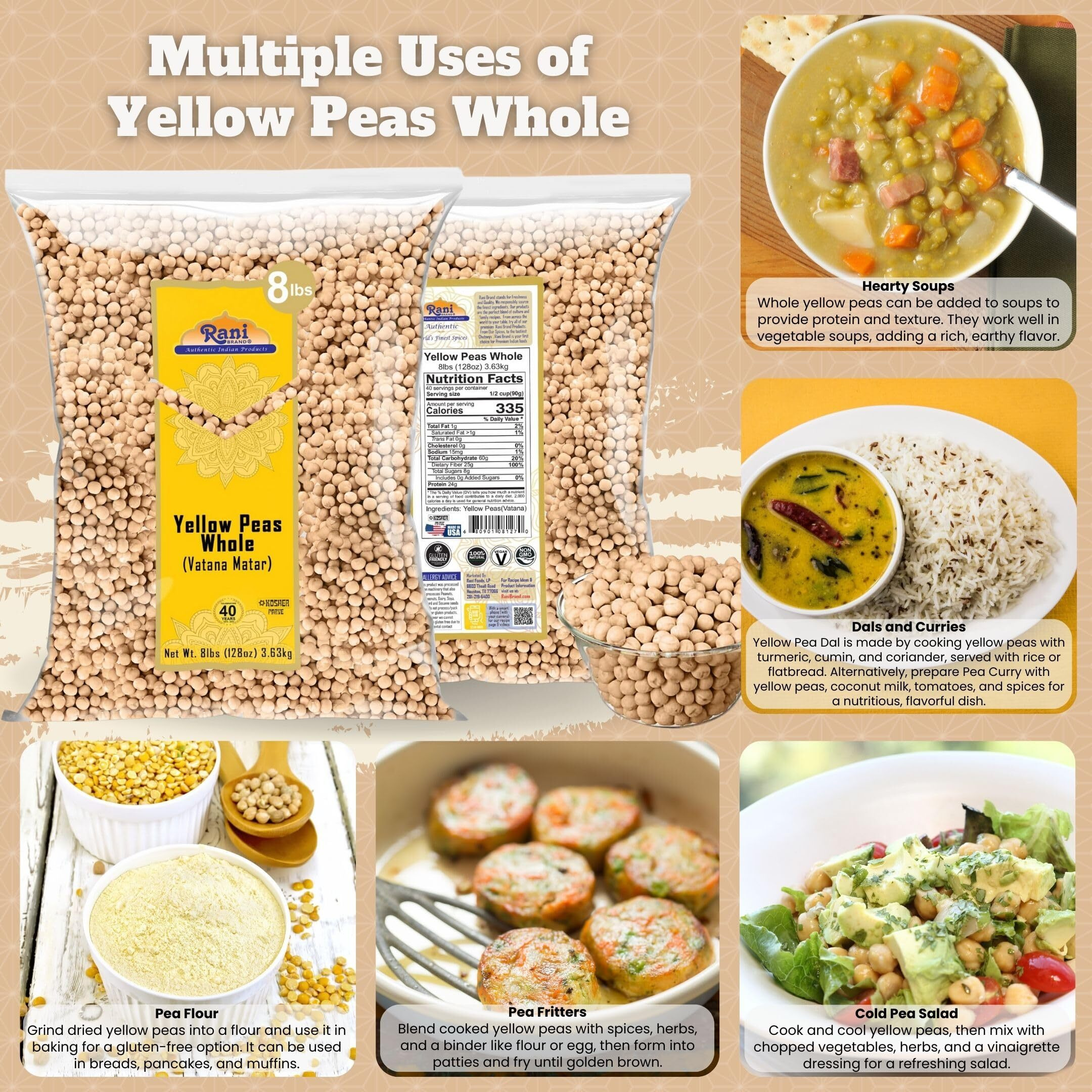 Rani Yellow Peas Whole, Dried (Vatana, Matar) 128oz (8lbs) 3.63kg Bulk ~ All Natural, Vegan, Kosher, Gluten Friendly, Product of USA (Size 128oz (8lbs) 3.63kg)