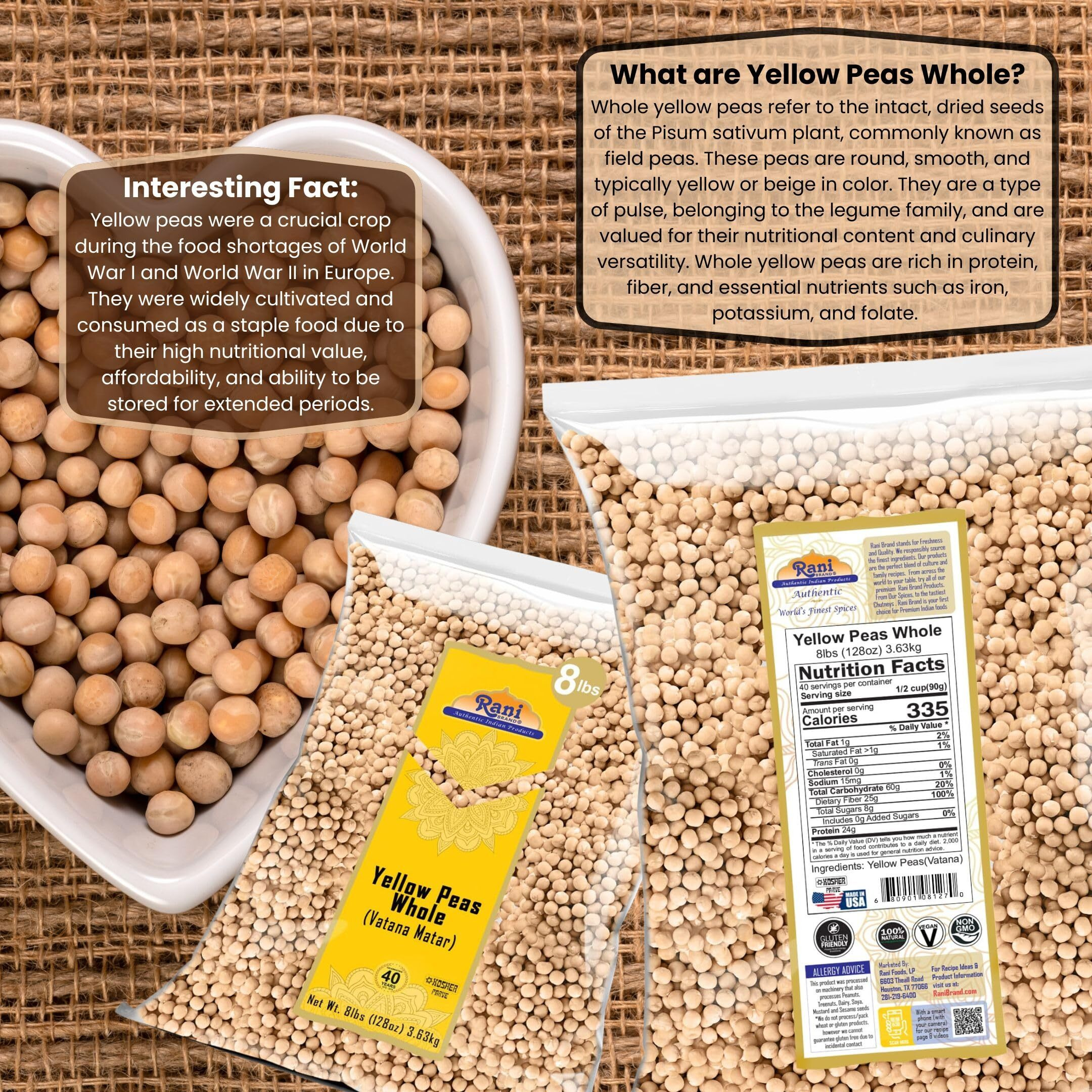 Rani Yellow Peas Whole, Dried (Vatana, Matar) 128oz (8lbs) 3.63kg Bulk ~ All Natural, Vegan, Kosher, Gluten Friendly, Product of USA (Size 128oz (8lbs) 3.63kg)