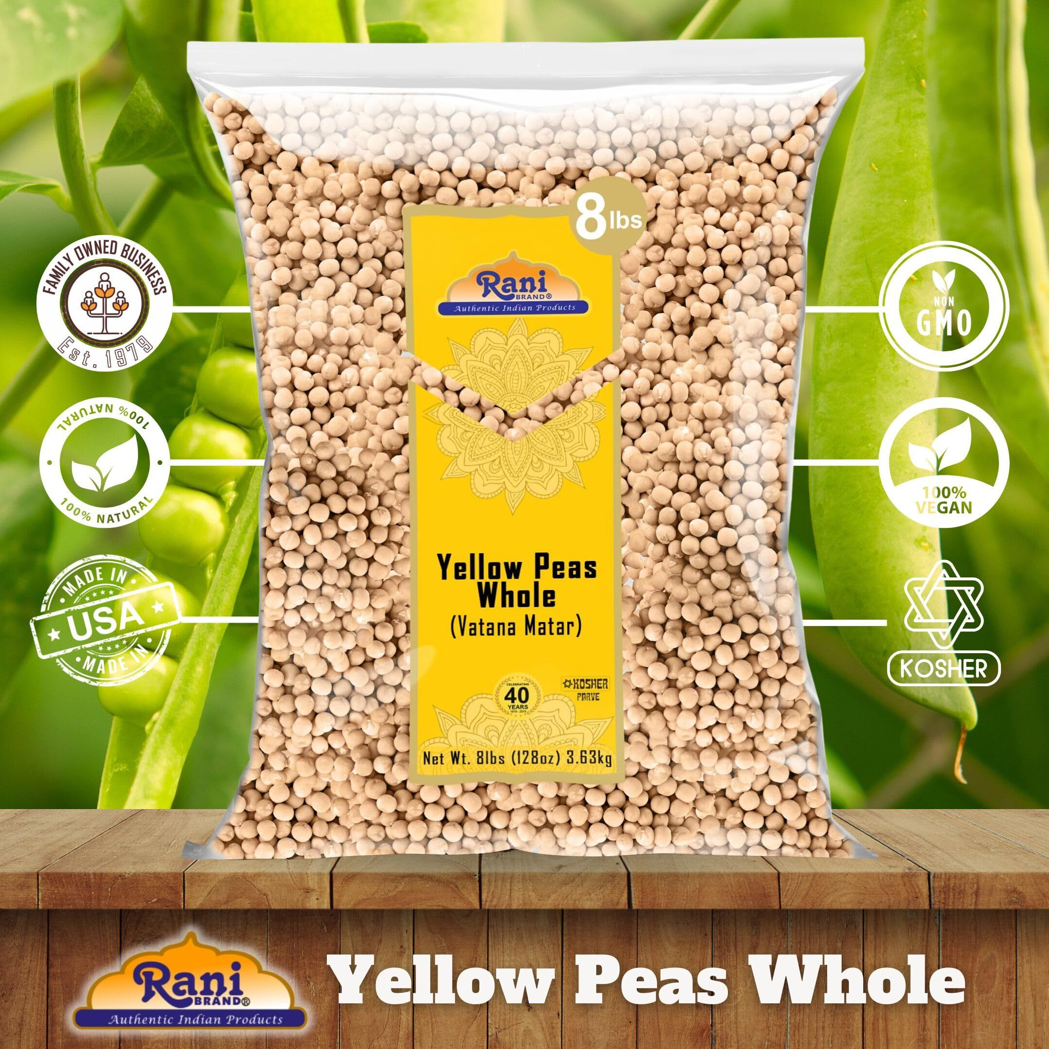 Rani Yellow Peas Whole, Dried (Vatana, Matar) 128oz (8lbs) 3.63kg Bulk ~ All Natural, Vegan, Kosher, Gluten Friendly, Product of USA (Size 128oz (8lbs) 3.63kg)