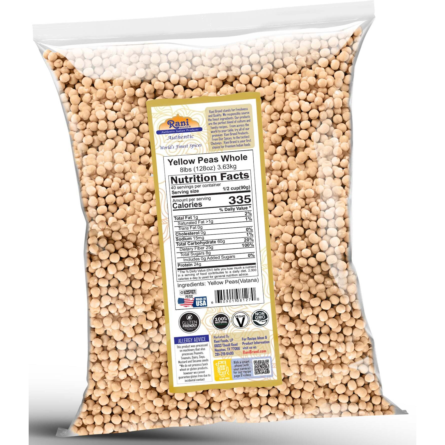 Rani Yellow Peas Whole, Dried (Vatana, Matar) 128oz (8lbs) 3.63kg Bulk ~ All Natural, Vegan, Kosher, Gluten Friendly, Product of USA (Size 128oz (8lbs) 3.63kg)