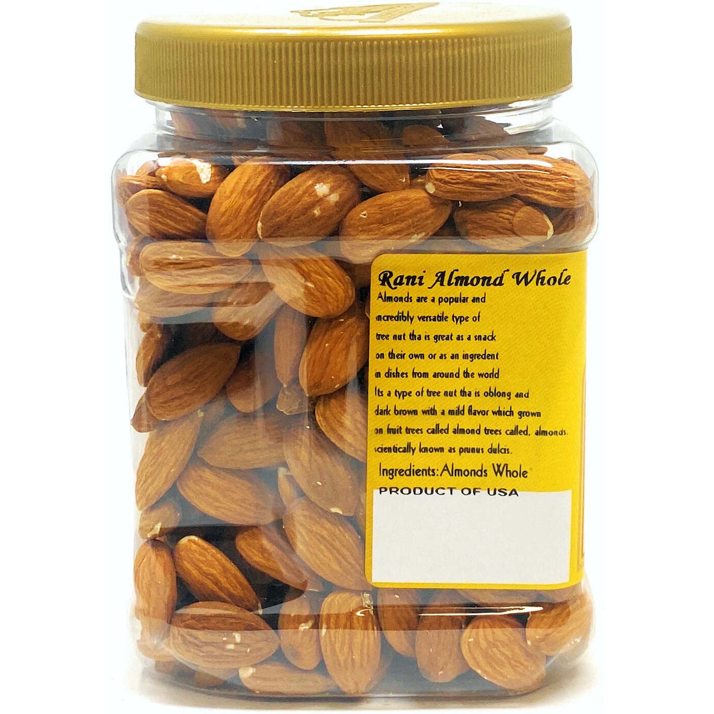Rani Almonds, Raw Whole With Skin (uncooked, unsalted) 16oz (1lb) 454g PET Jar ~ All Natural, Vegan, Gluten Friendly, Fresh Product of USA ~ California Shelled Almonds