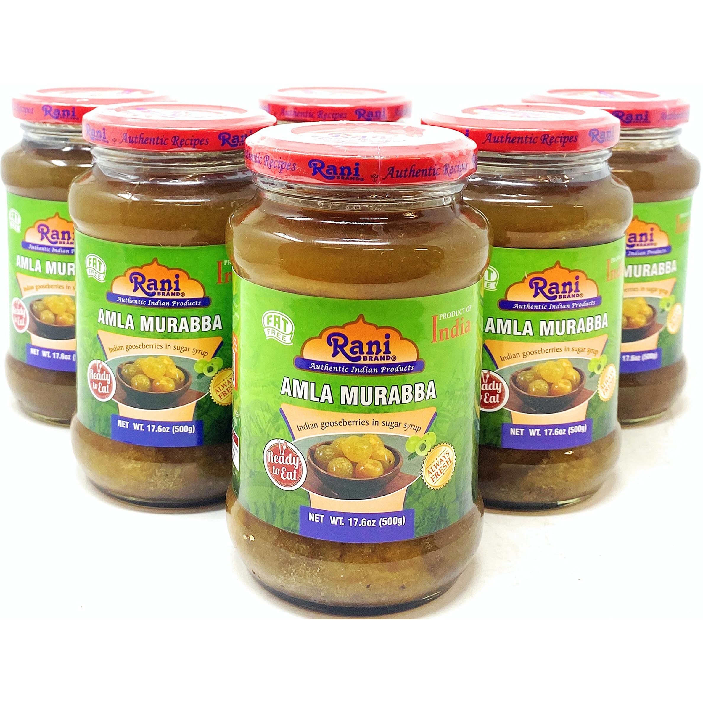 Rani Amla Murabba (Indian Gooseberries in Sugar Syrup) 17.5oz (1.1lbs) 500g Glass Jar, Pack of 5+1 FREE ~ All Natural, Vegan, Gluten Free, NON-GMO, No Colors, Popular Indian Condiment