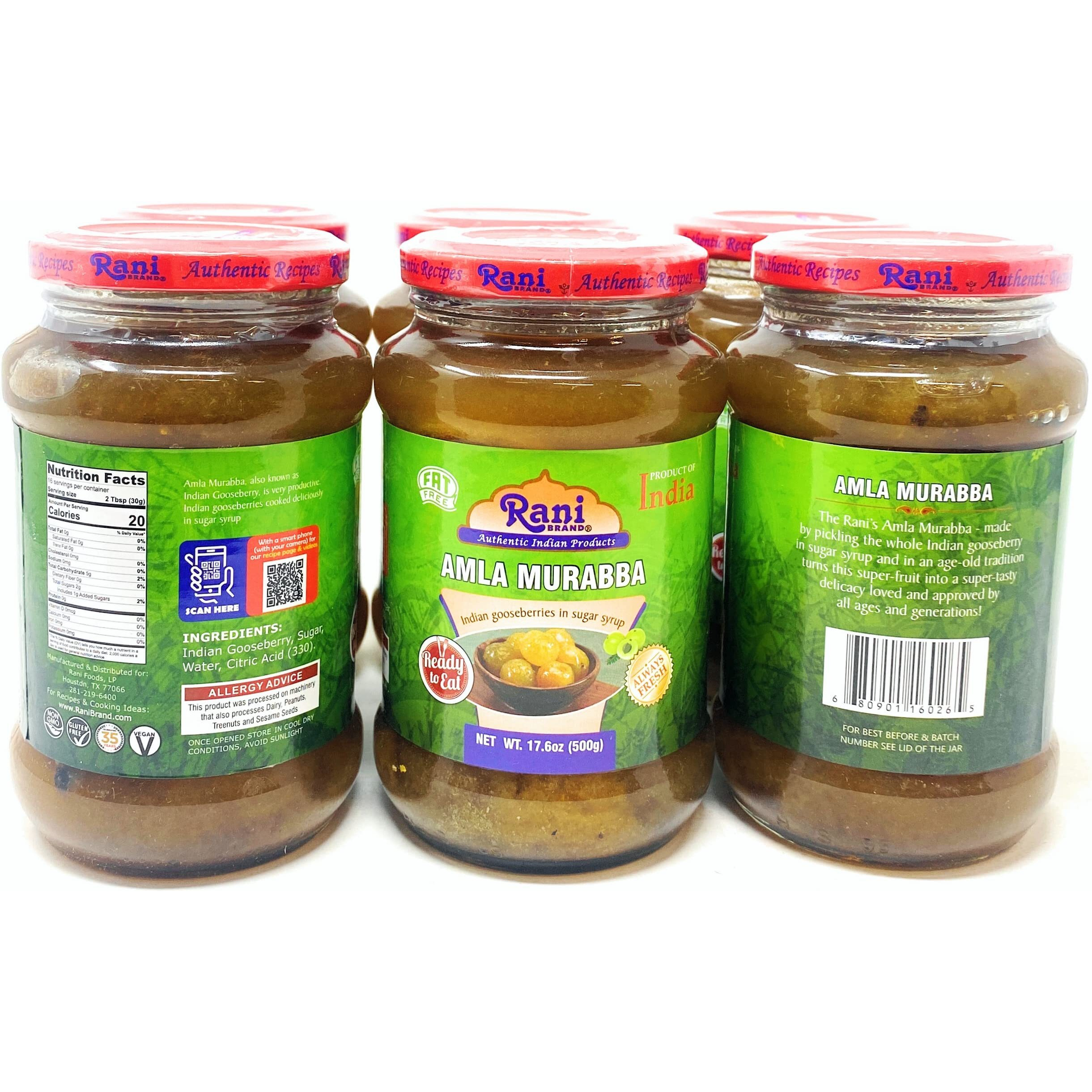 Rani Amla Murabba (Indian Gooseberries in Sugar Syrup) 17.5oz (1.1lbs) 500g Glass Jar, Pack of 5+1 FREE ~ All Natural, Vegan, Gluten Free, NON-GMO, No Colors, Popular Indian Condiment