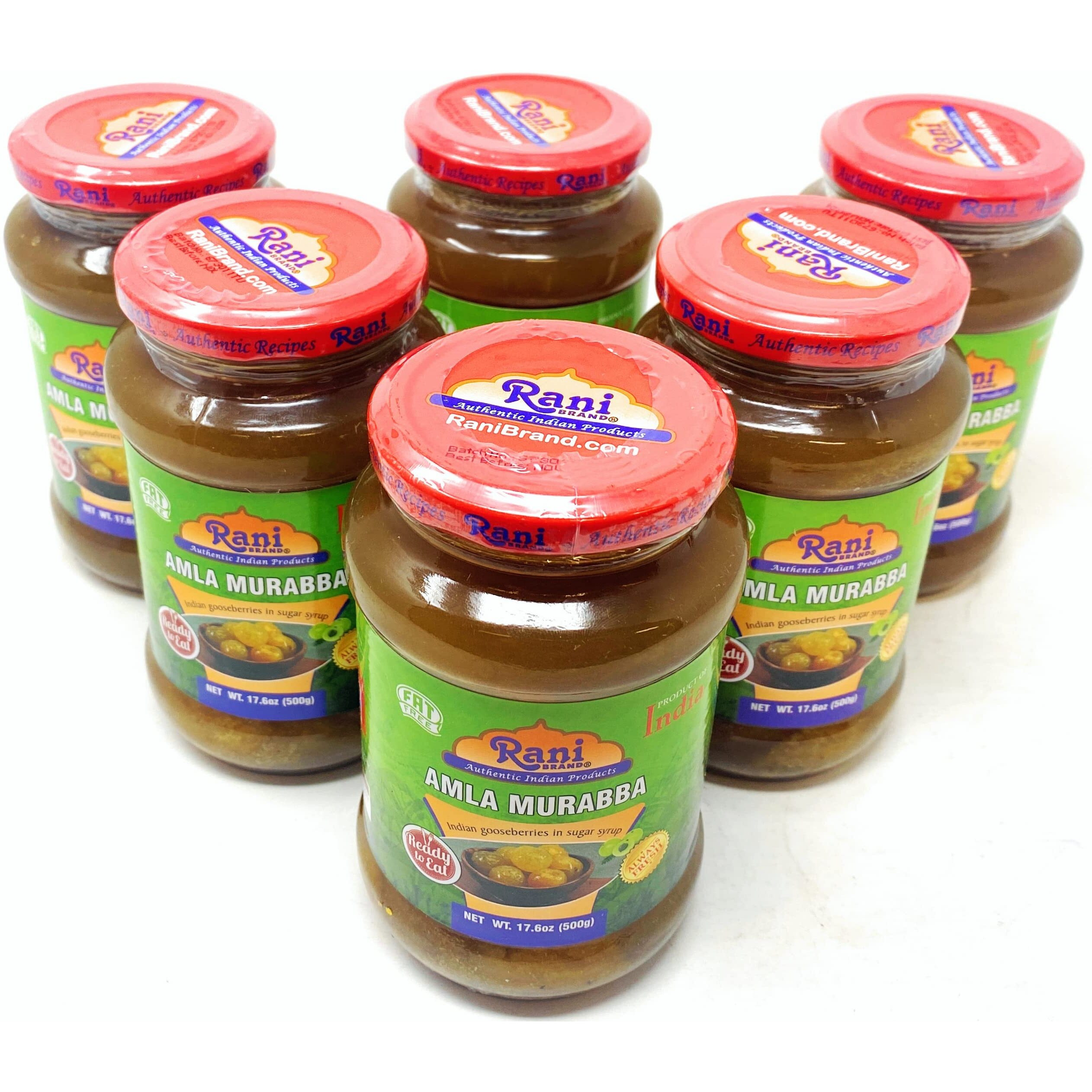 Rani Amla Murabba (Indian Gooseberries in Sugar Syrup) 17.5oz (1.1lbs) 500g Glass Jar, Pack of 5+1 FREE ~ All Natural, Vegan, Gluten Free, NON-GMO, No Colors, Popular Indian Condiment