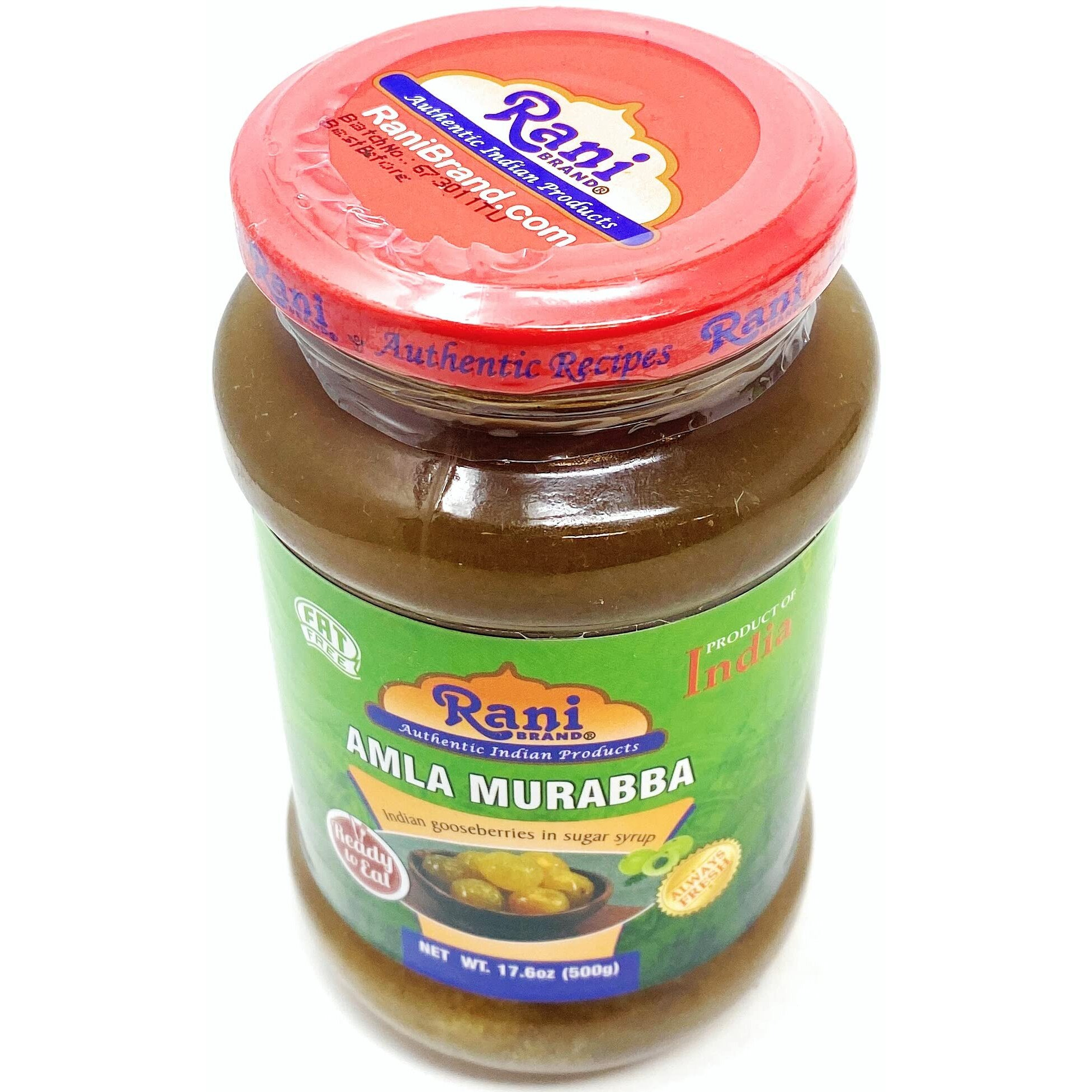 Rani Amla Murabba (Indian Gooseberries in Sugar Syrup) 17.5oz (1.1lbs) 500g Glass Jar, Pack of 5+1 FREE ~ All Natural, Vegan, Gluten Free, NON-GMO, No Colors, Popular Indian Condiment