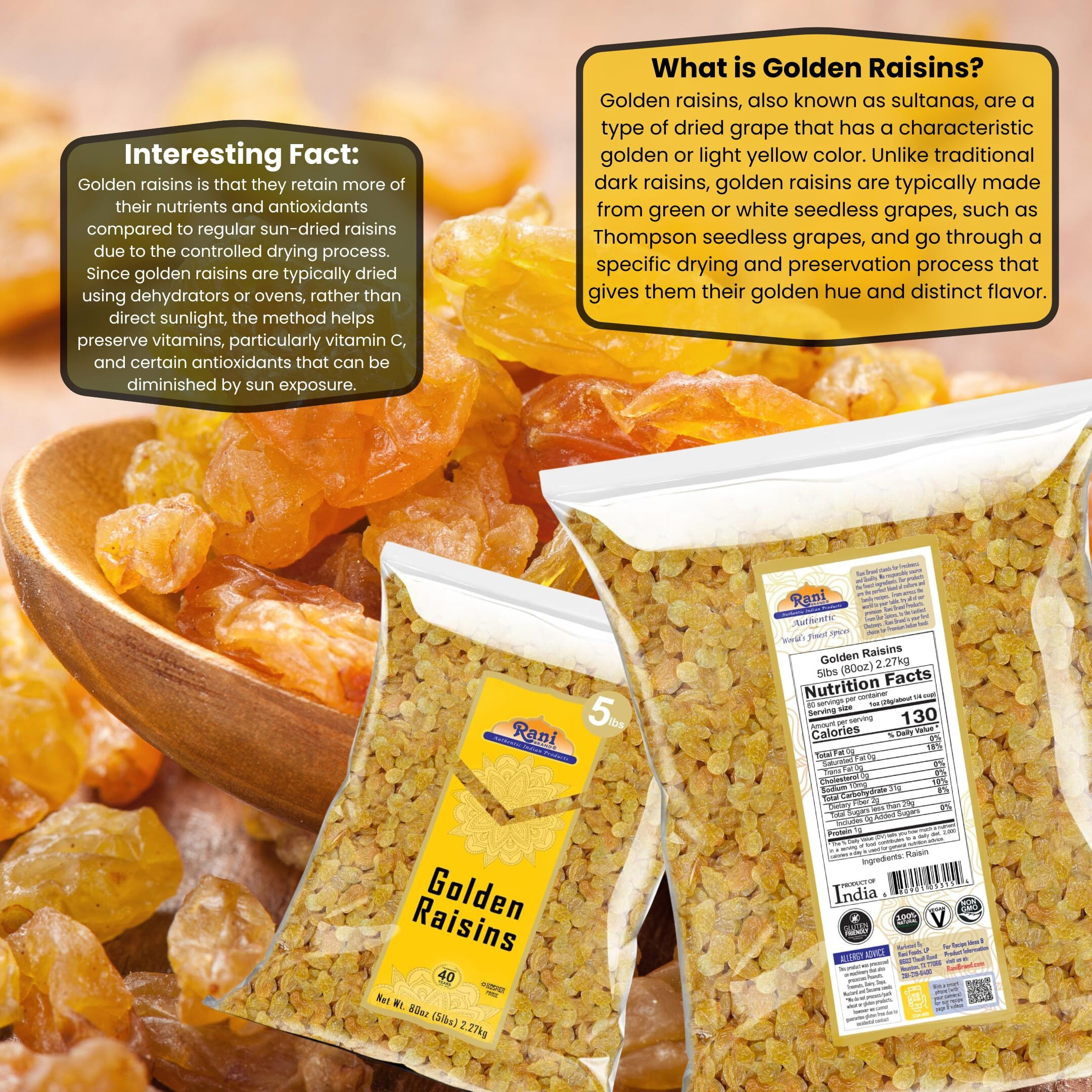 Rani Golden Raisins 80oz (5lbs) 2.27kg Bulk ~ All Natural, Gluten Friendly, NON-GMO, Vegan, Product of USA