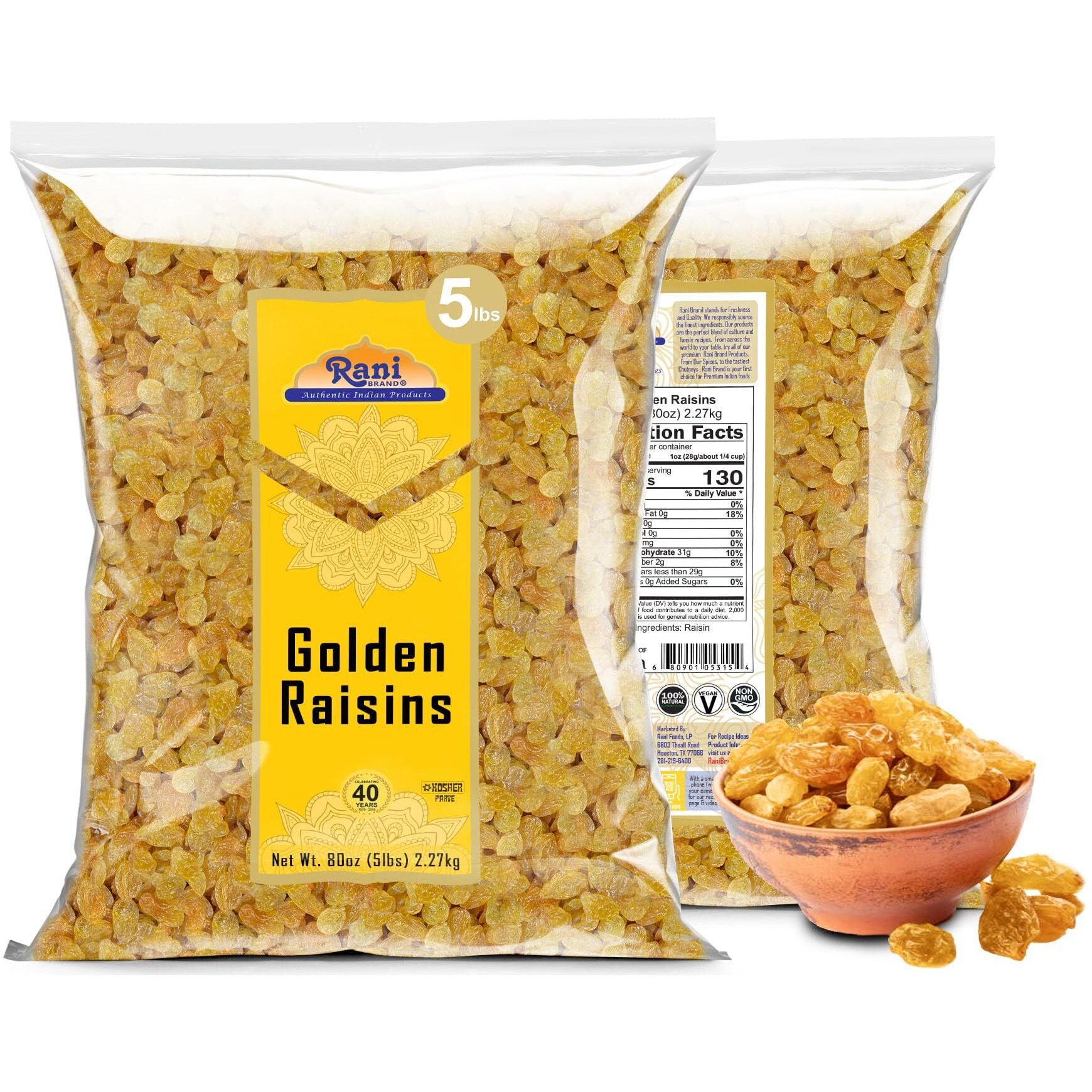 Rani Golden Raisins 80oz (5lbs) 2.27kg Bulk ~ All Natural, Gluten Friendly, NON-GMO, Vegan, Product of USA