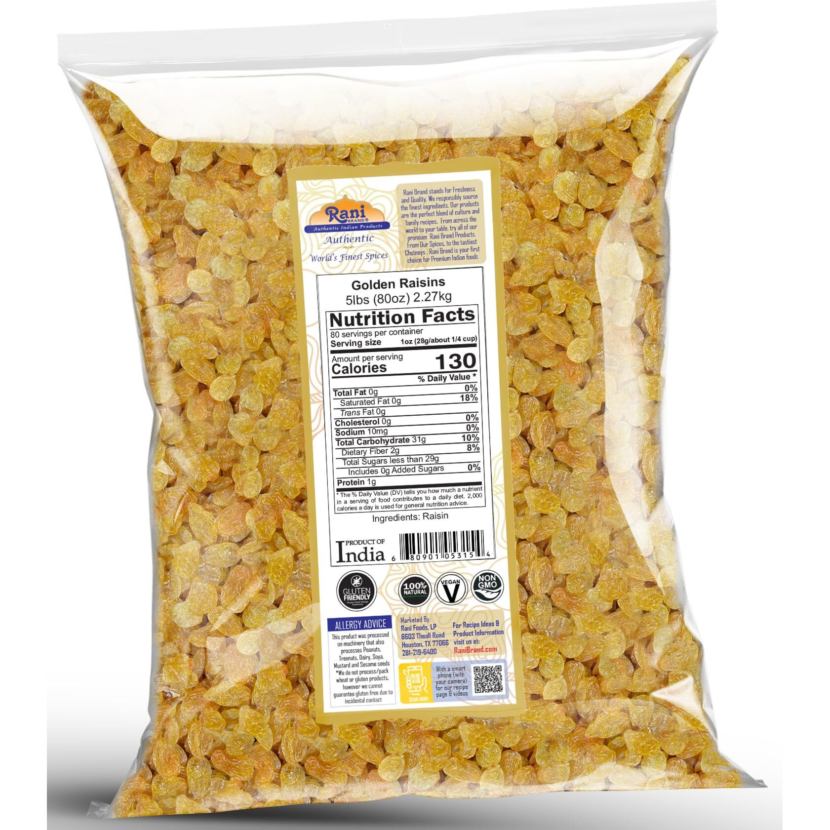 Rani Golden Raisins 80oz (5lbs) 2.27kg Bulk ~ All Natural, Gluten Friendly, NON-GMO, Vegan, Product of USA