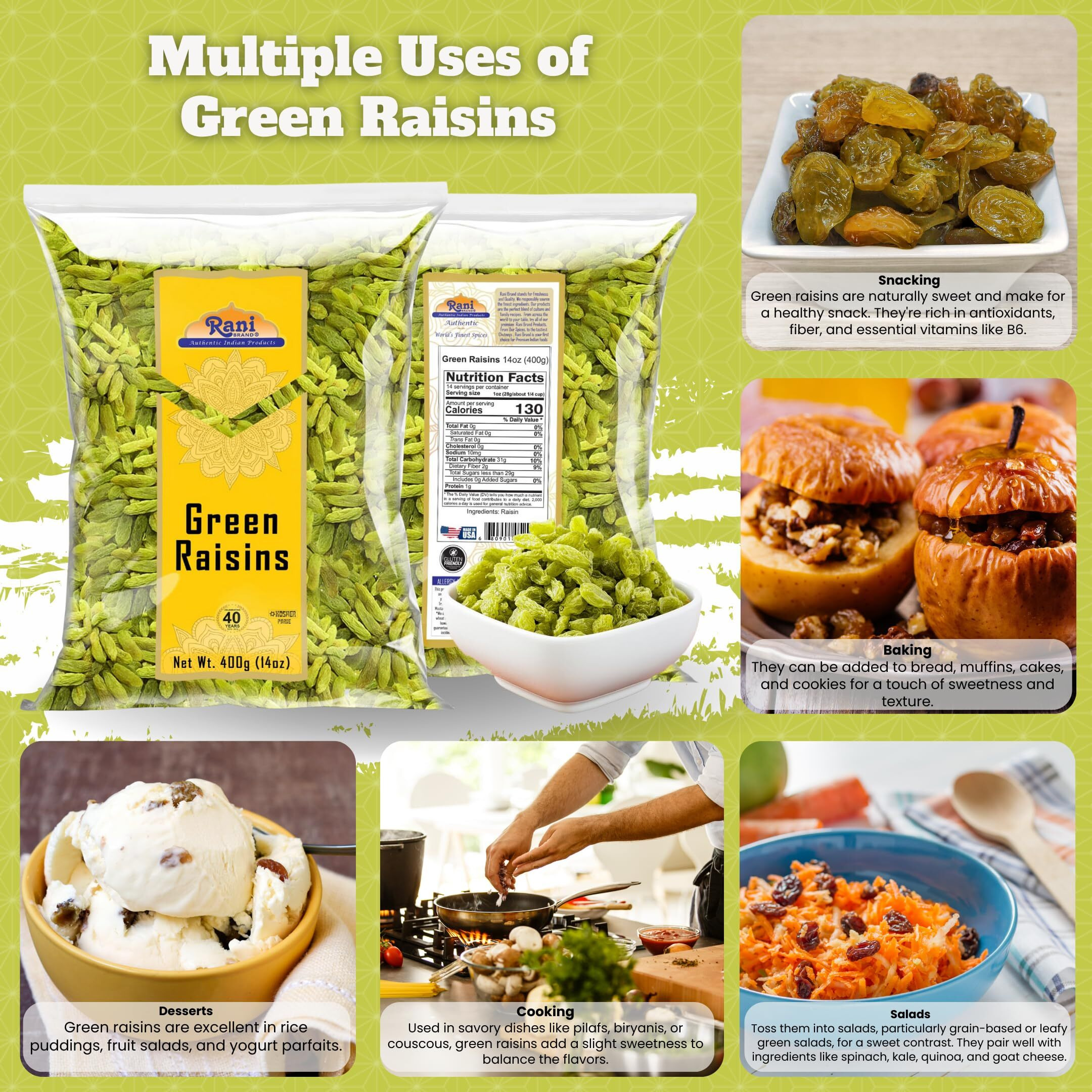 Rani Green Raisins 14oz (400g) ~ All Natural, Gluten Friendly, NON-GMO, Kosher, Vegan, Product of USA