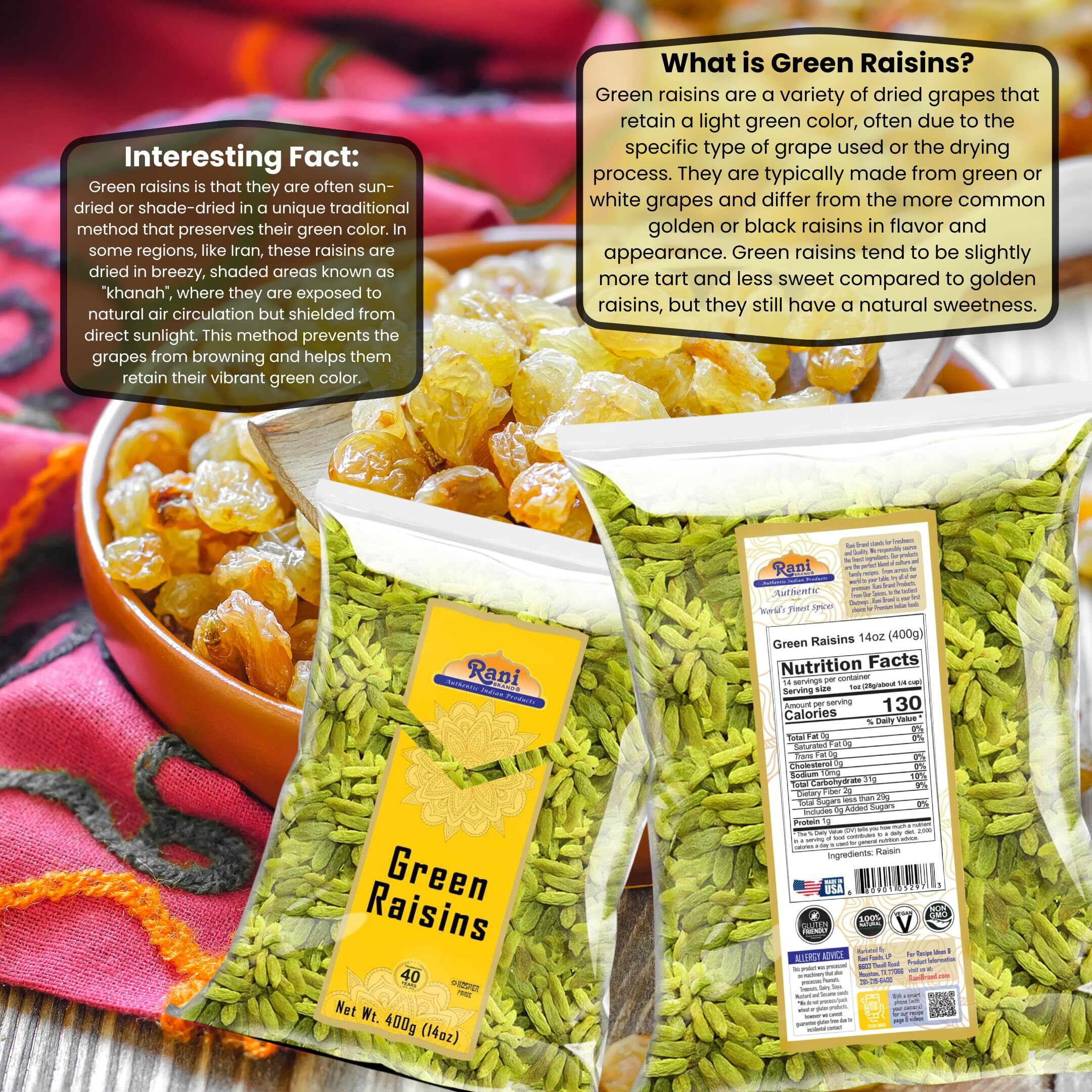 Rani Green Raisins 14oz (400g) ~ All Natural, Gluten Friendly, NON-GMO, Kosher, Vegan, Product of USA