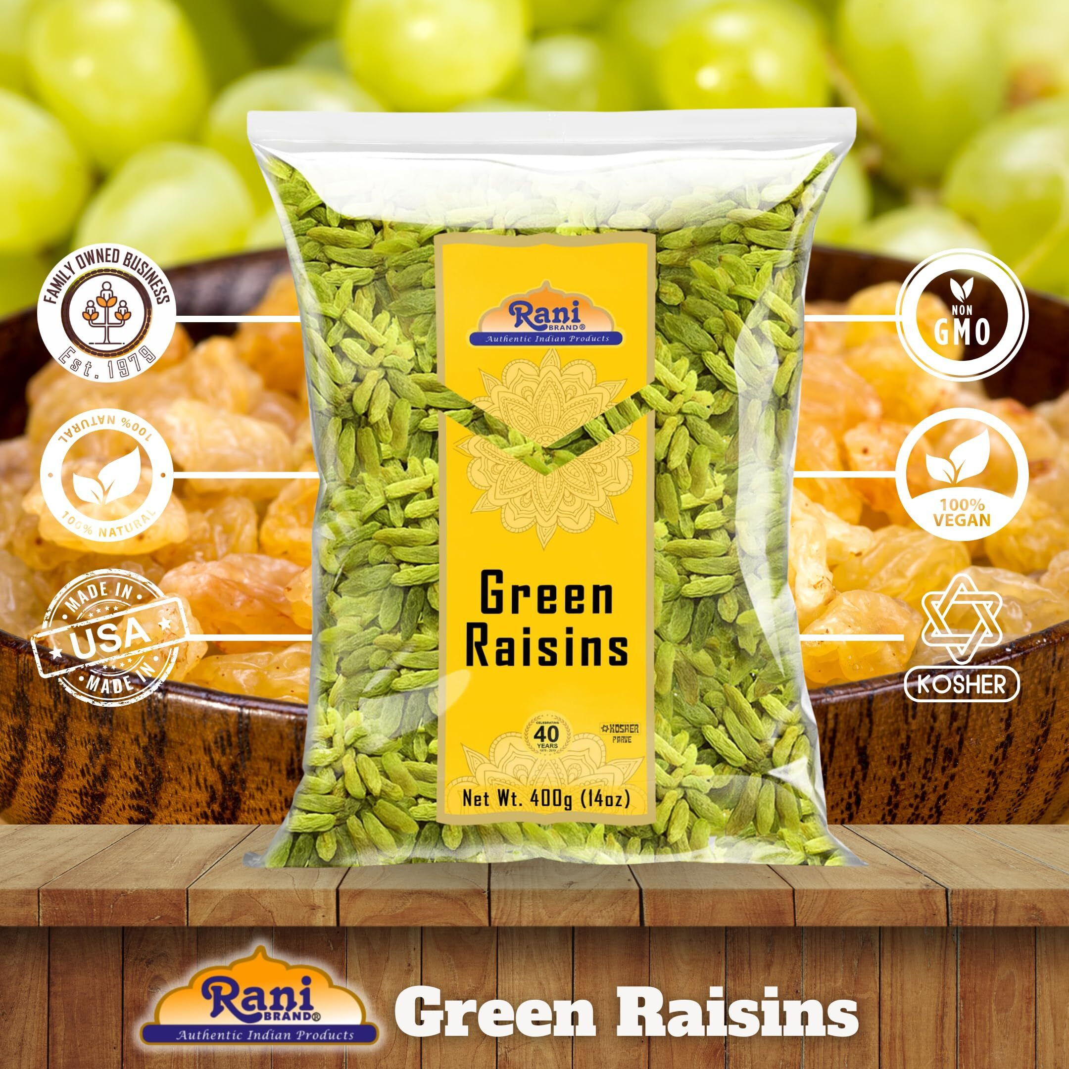 Rani Green Raisins 14oz (400g) ~ All Natural, Gluten Friendly, NON-GMO, Kosher, Vegan, Product of USA