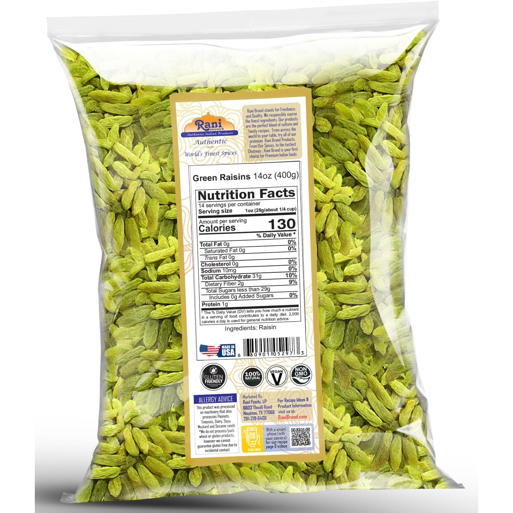 Rani Green Raisins 14oz (400g) ~ All Natural, Gluten Friendly, NON-GMO, Kosher, Vegan, Product of USA
