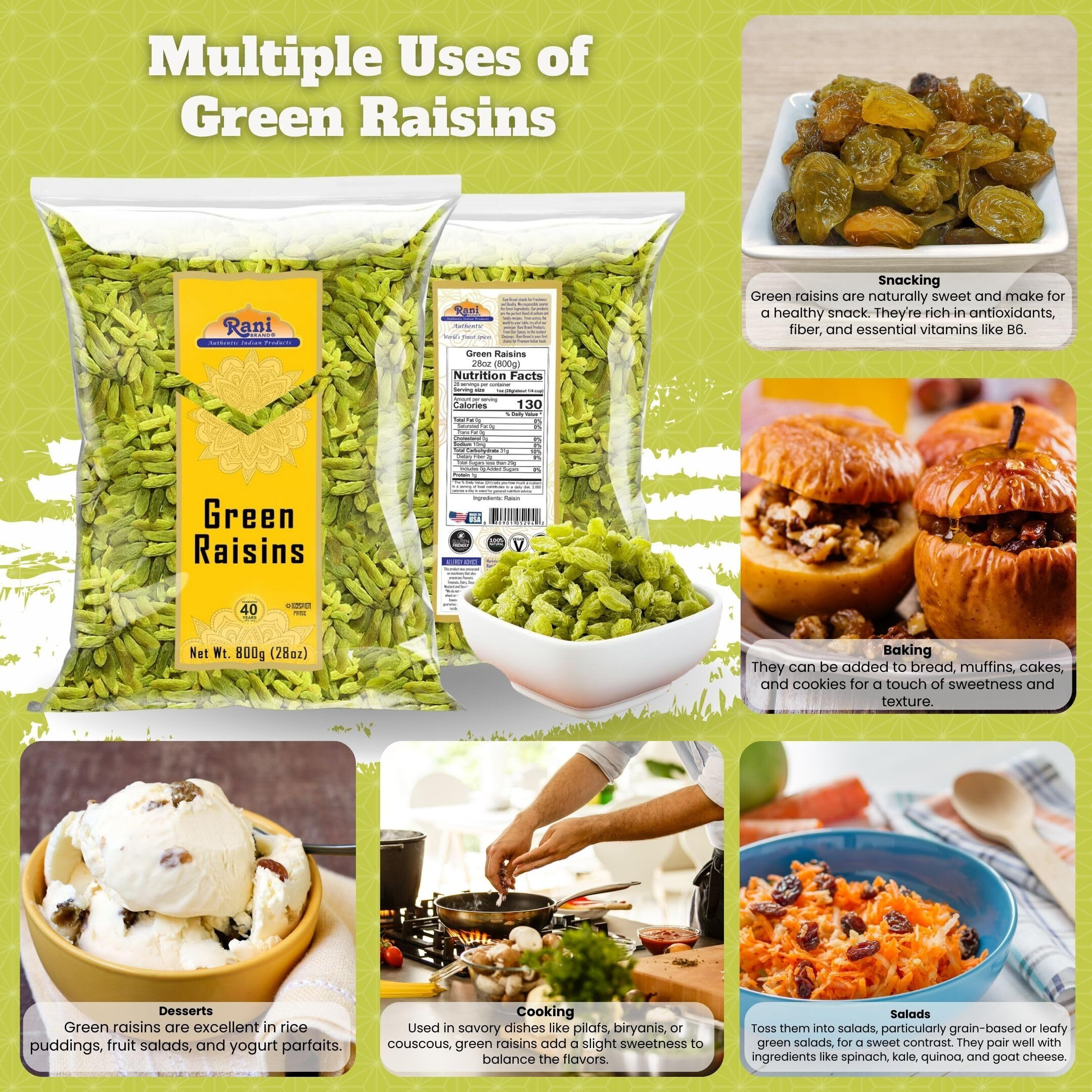 Rani Green Raisins 28oz (800g) ~ All Natural, Gluten Friendly, Non-GMO, Kosher, Vegan, Product of USA