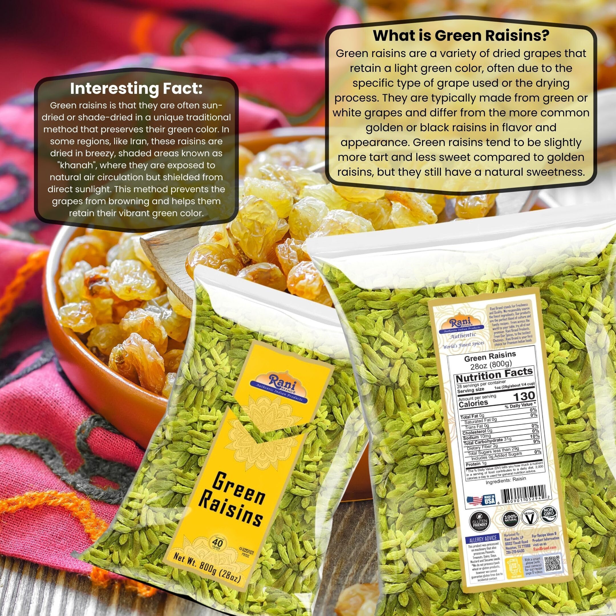 Rani Green Raisins 28oz (800g) ~ All Natural, Gluten Friendly, Non-GMO, Kosher, Vegan, Product of USA
