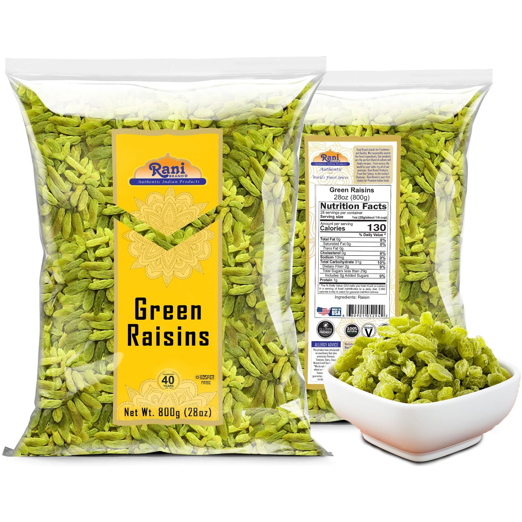 Rani Green Raisins 28oz (800g) ~ All Natural, Gluten Friendly, Non-GMO, Kosher, Vegan, Product of USA