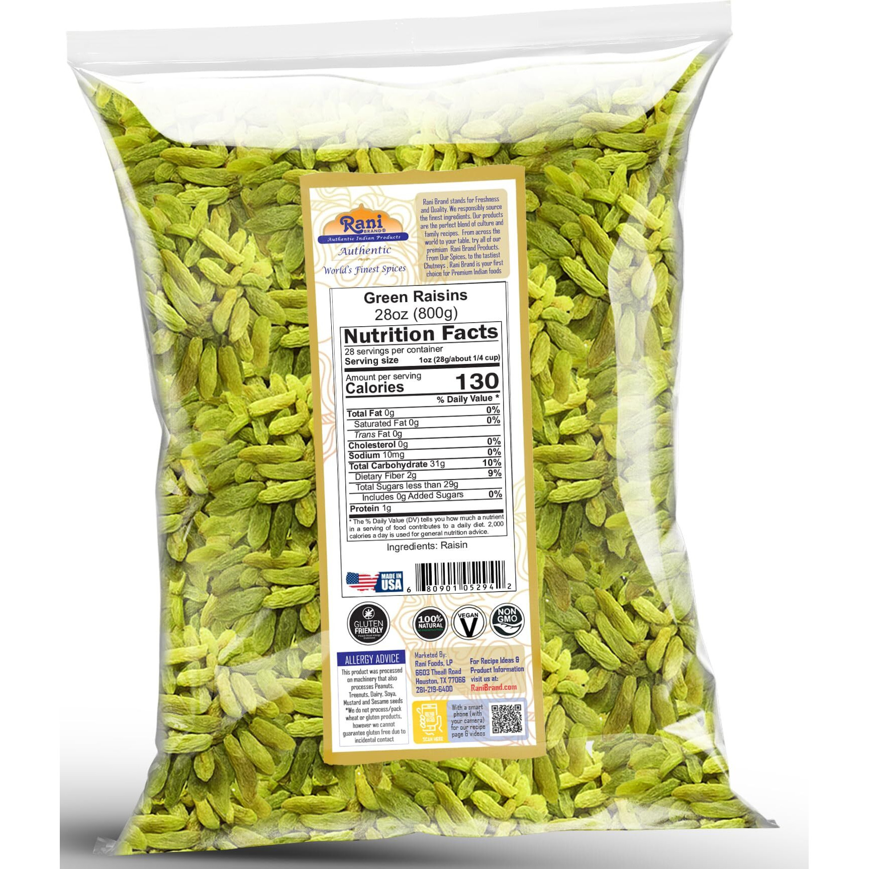 Rani Green Raisins 28oz (800g) ~ All Natural, Gluten Friendly, Non-GMO, Kosher, Vegan, Product of USA