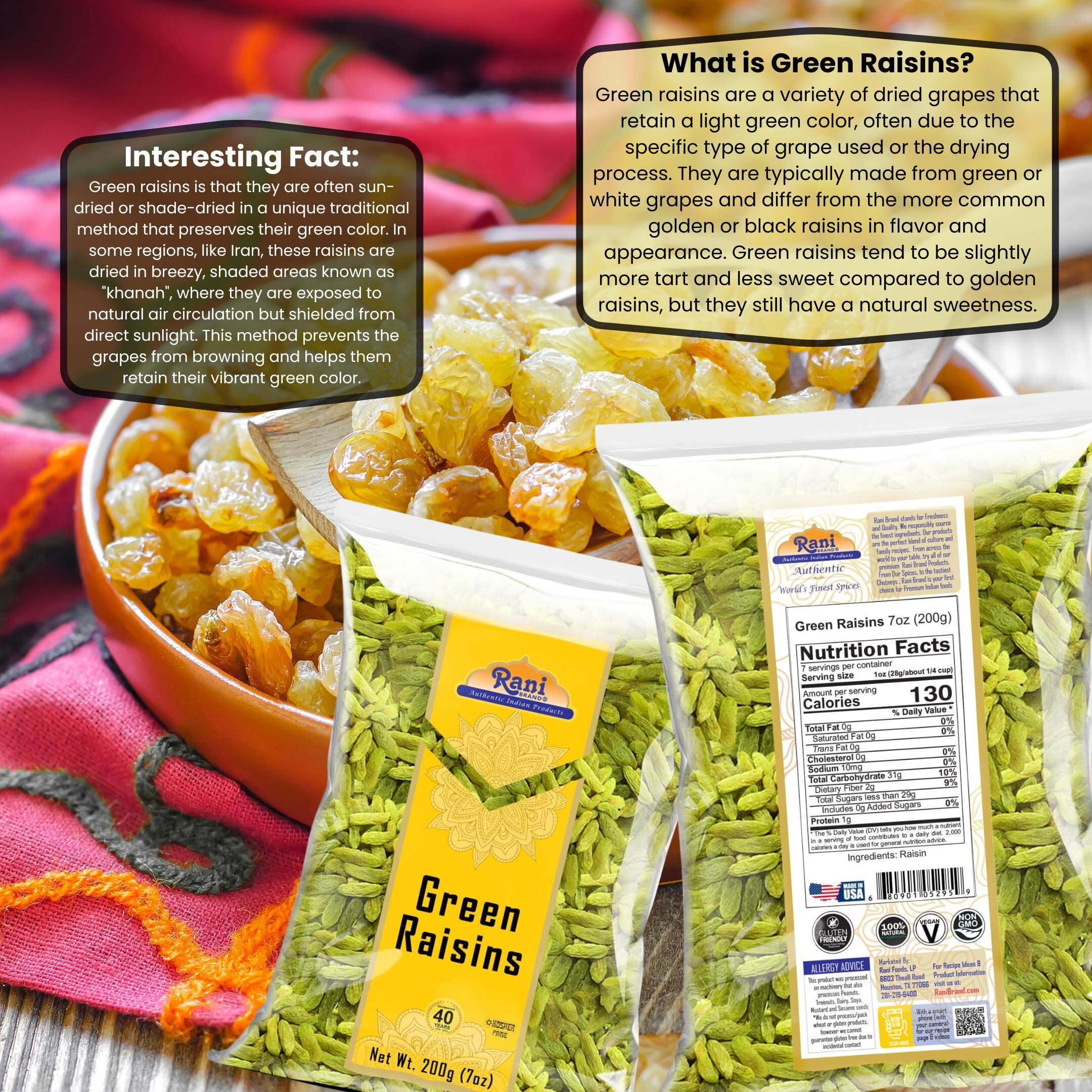 Rani Green Raisins 7oz (200g) ~ All Natural, Gluten Friendly, NON-GMO, Kosher, Vegan, Product of USA