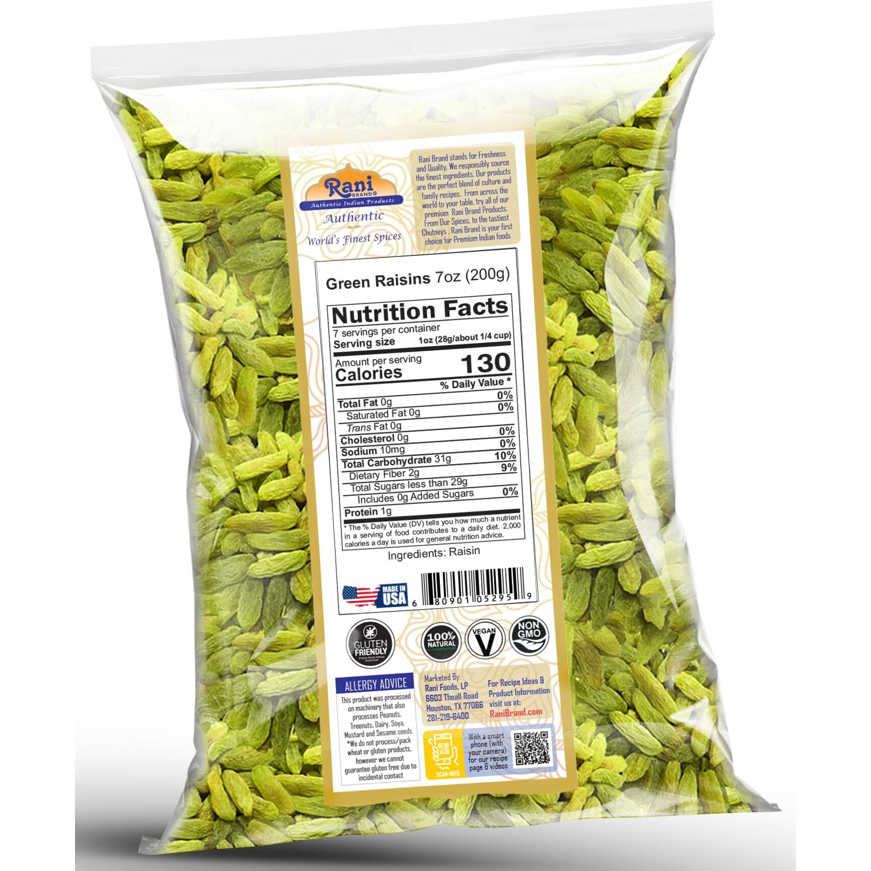Rani Green Raisins 7oz (200g) ~ All Natural, Gluten Friendly, NON-GMO, Kosher, Vegan, Product of USA