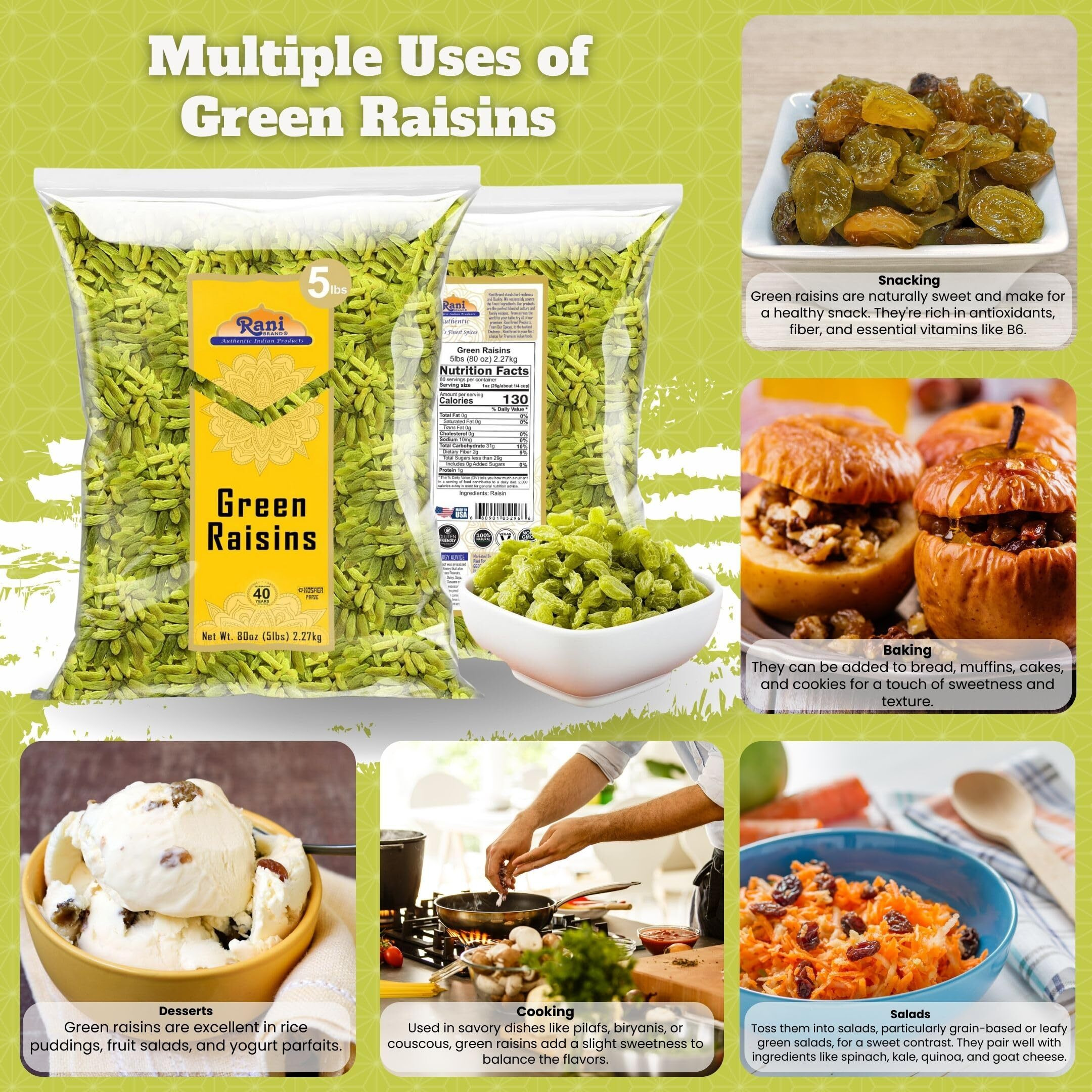 Rani Green Raisins 80oz (5lbs) 2.27kg Bulk ~ All Natural, Gluten Friendly, Non-GMO, Kosher, Vegan, Product of USA