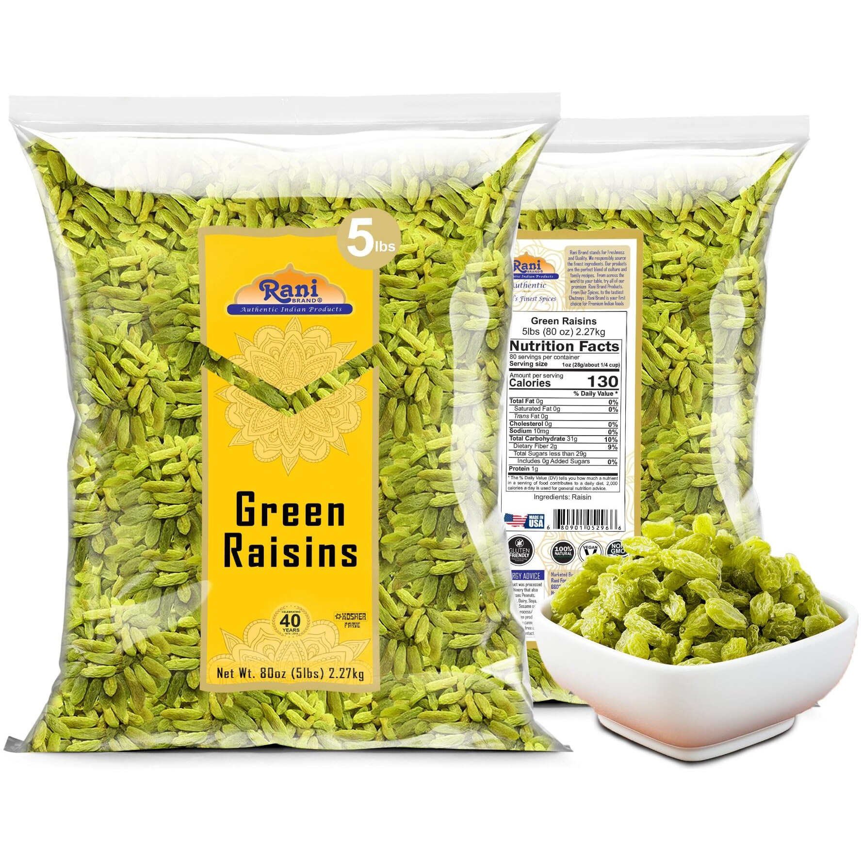 Rani Green Raisins 80oz (5lbs) 2.27kg Bulk ~ All Natural, Gluten Friendly, Non-GMO, Kosher, Vegan, Product of USA