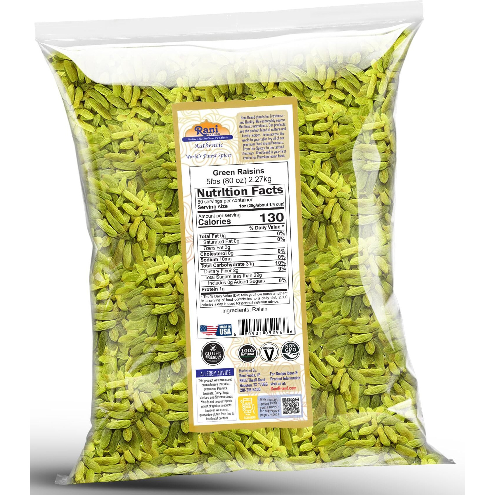 Rani Green Raisins 80oz (5lbs) 2.27kg Bulk ~ All Natural, Gluten Friendly, Non-GMO, Kosher, Vegan, Product of USA