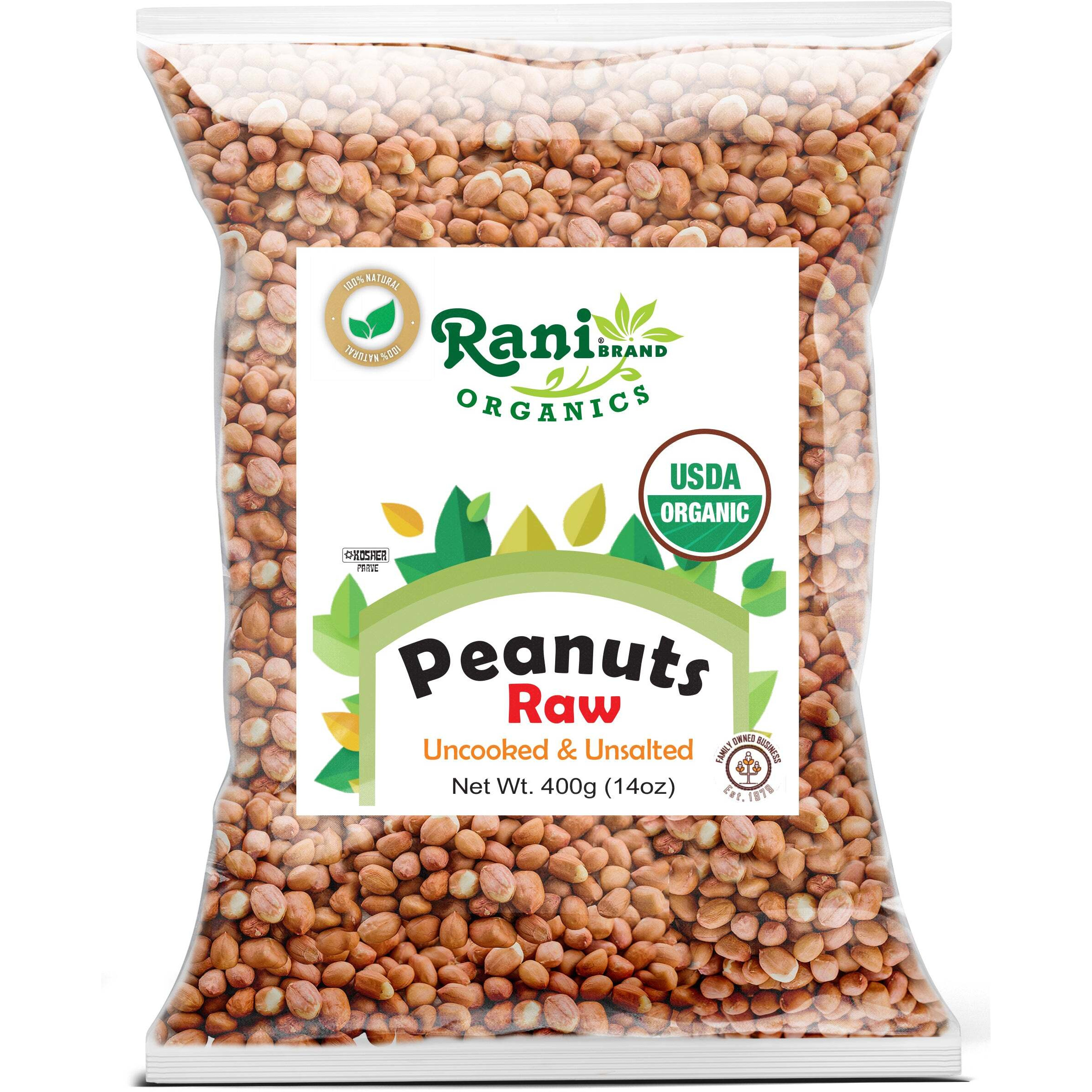 Rani Organic Peanuts, Raw Whole With Skin (uncooked, unsalted) 14oz (400g) ~ All Natural, Vegan, Gluten Friendly, Fresh Product of USA, USDA Certified Organic ~ Spanish Grade Groundnut/Red-skin