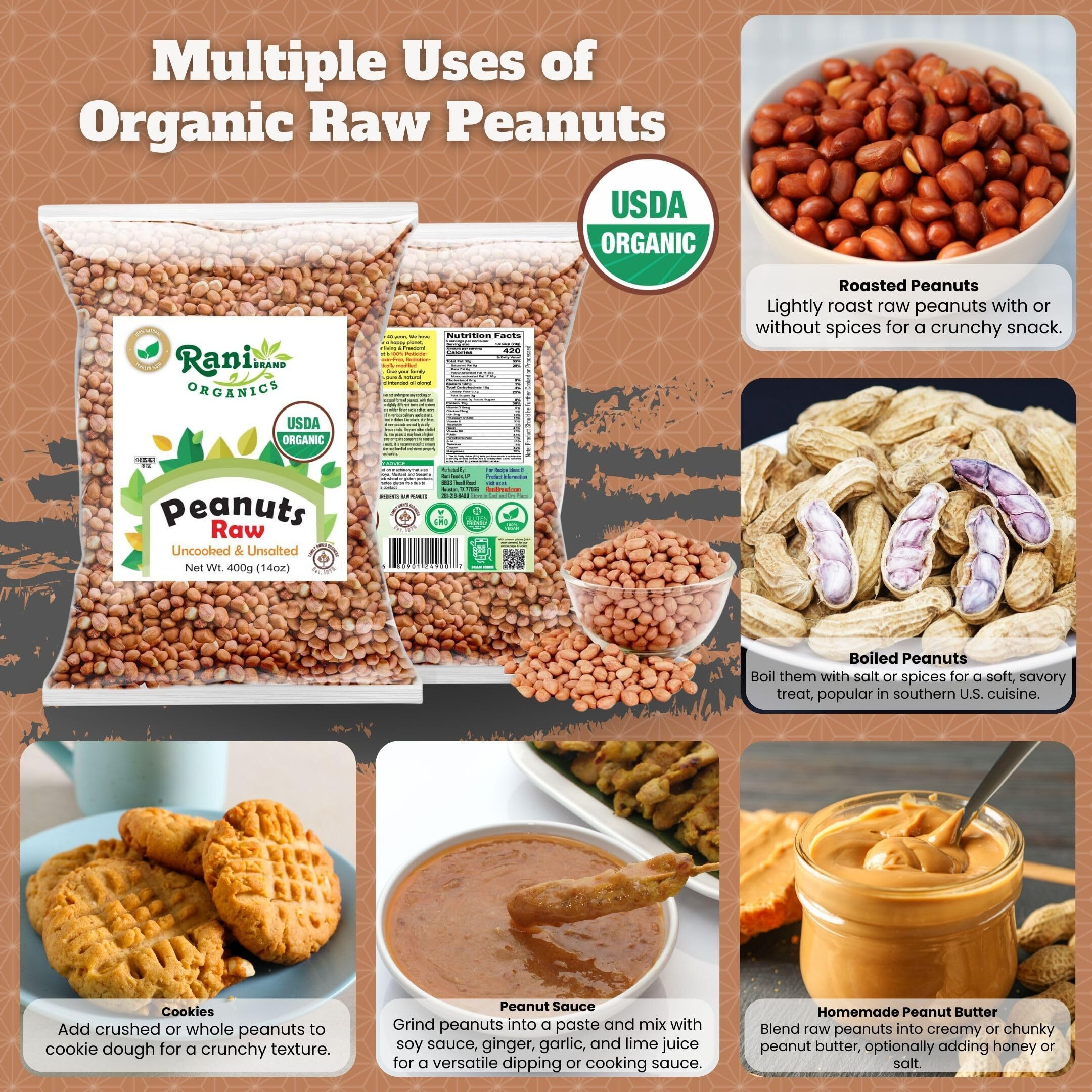Rani Organic Peanuts, Raw Whole With Skin (uncooked, unsalted) 14oz (400g) ~ All Natural, Vegan, Gluten Friendly, Fresh Product of USA, USDA Certified Organic ~ Spanish Grade Groundnut/Red-skin