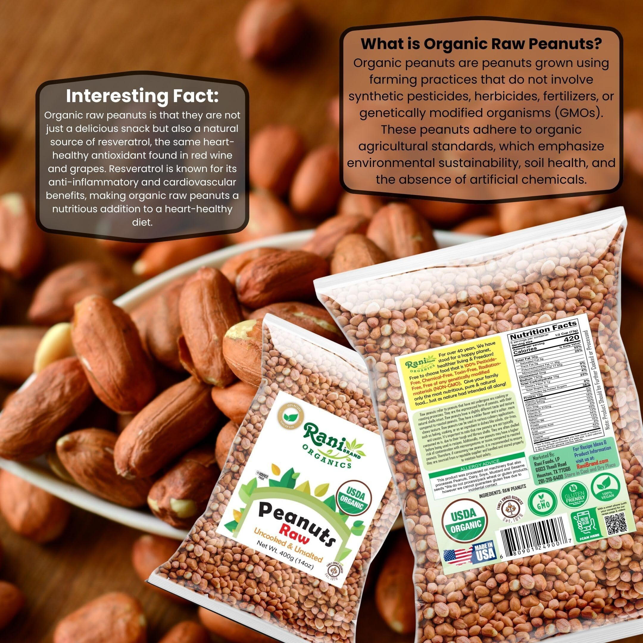 Rani Organic Peanuts, Raw Whole With Skin (uncooked, unsalted) 14oz (400g) ~ All Natural, Vegan, Gluten Friendly, Fresh Product of USA, USDA Certified Organic ~ Spanish Grade Groundnut/Red-skin