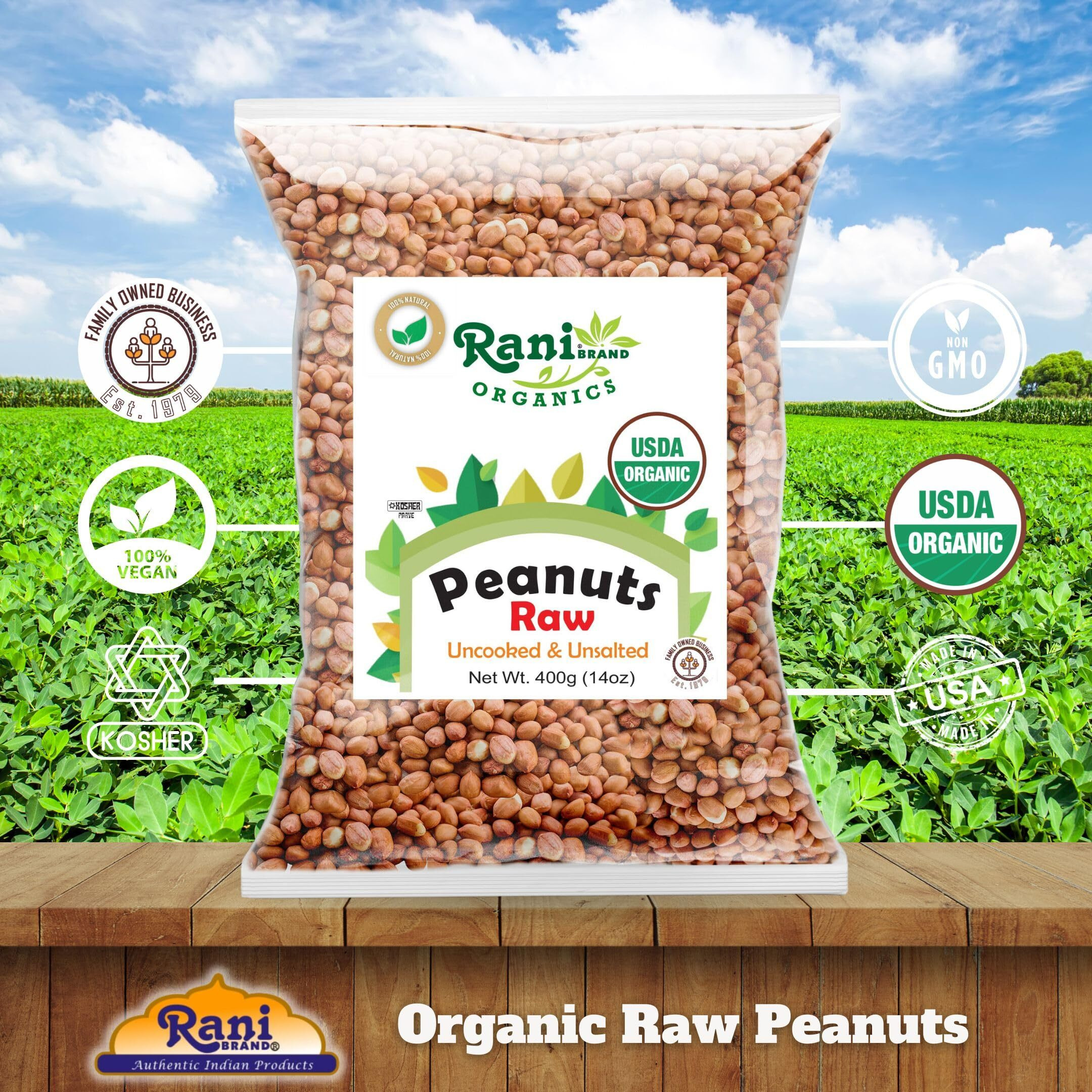 Rani Organic Peanuts, Raw Whole With Skin (uncooked, unsalted) 14oz (400g) ~ All Natural, Vegan, Gluten Friendly, Fresh Product of USA, USDA Certified Organic ~ Spanish Grade Groundnut/Red-skin
