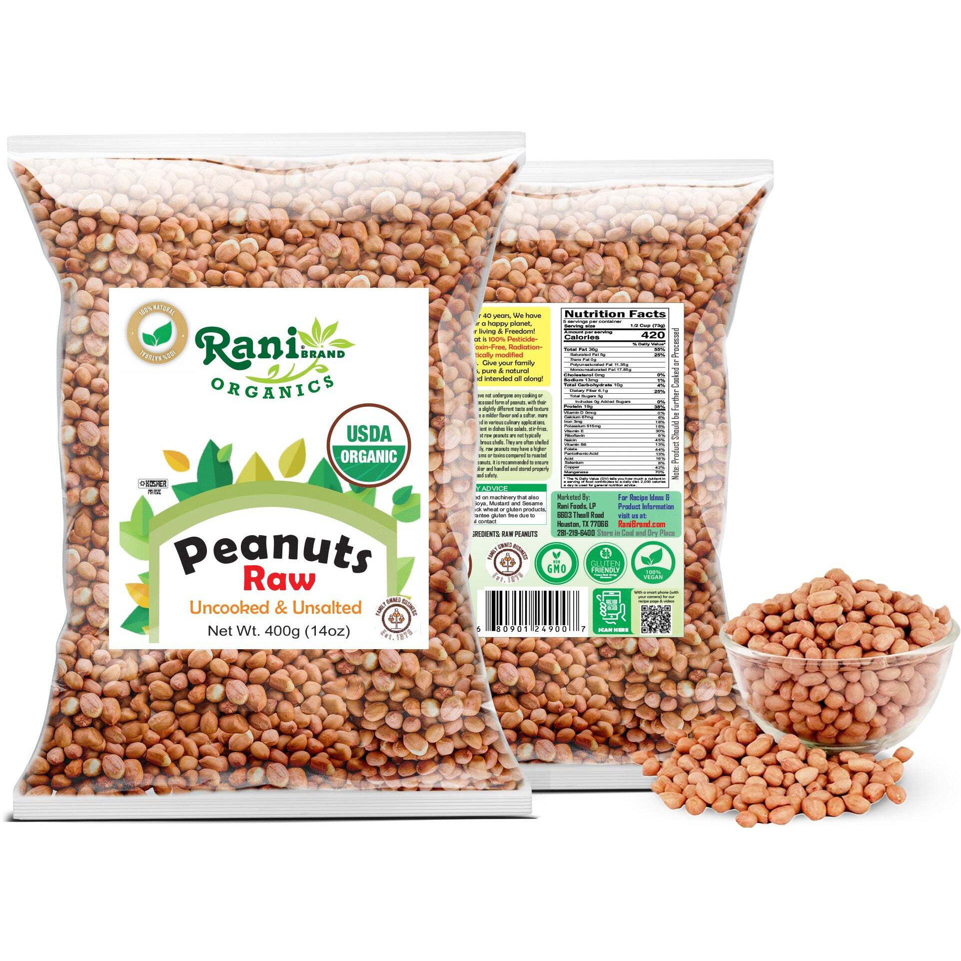Rani Organic Peanuts, Raw Whole With Skin (uncooked, unsalted) 14oz (400g) ~ All Natural, Vegan, Gluten Friendly, Fresh Product of USA, USDA Certified Organic ~ Spanish Grade Groundnut/Red-skin