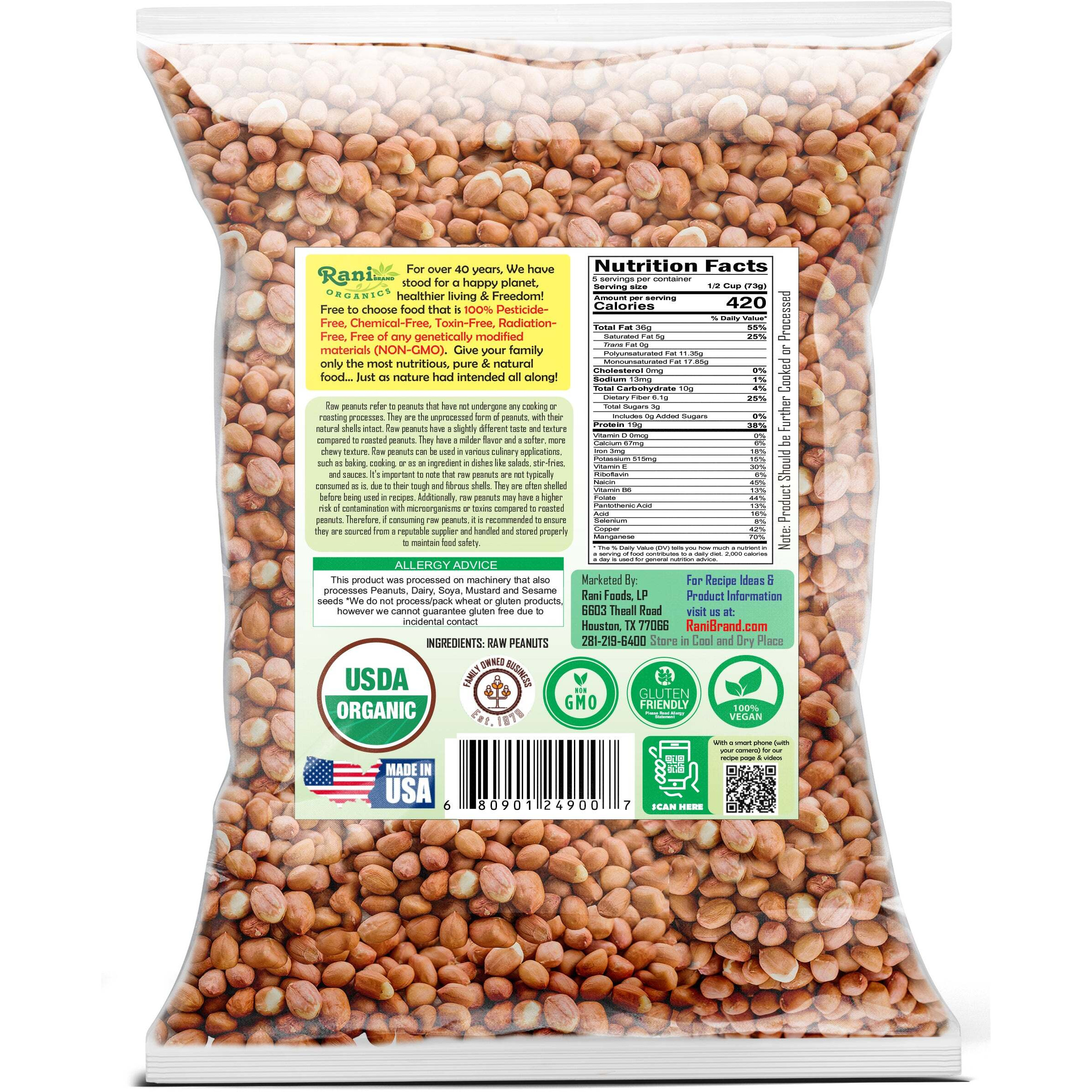 Rani Organic Peanuts, Raw Whole With Skin (uncooked, unsalted) 14oz (400g) ~ All Natural, Vegan, Gluten Friendly, Fresh Product of USA, USDA Certified Organic ~ Spanish Grade Groundnut/Red-skin