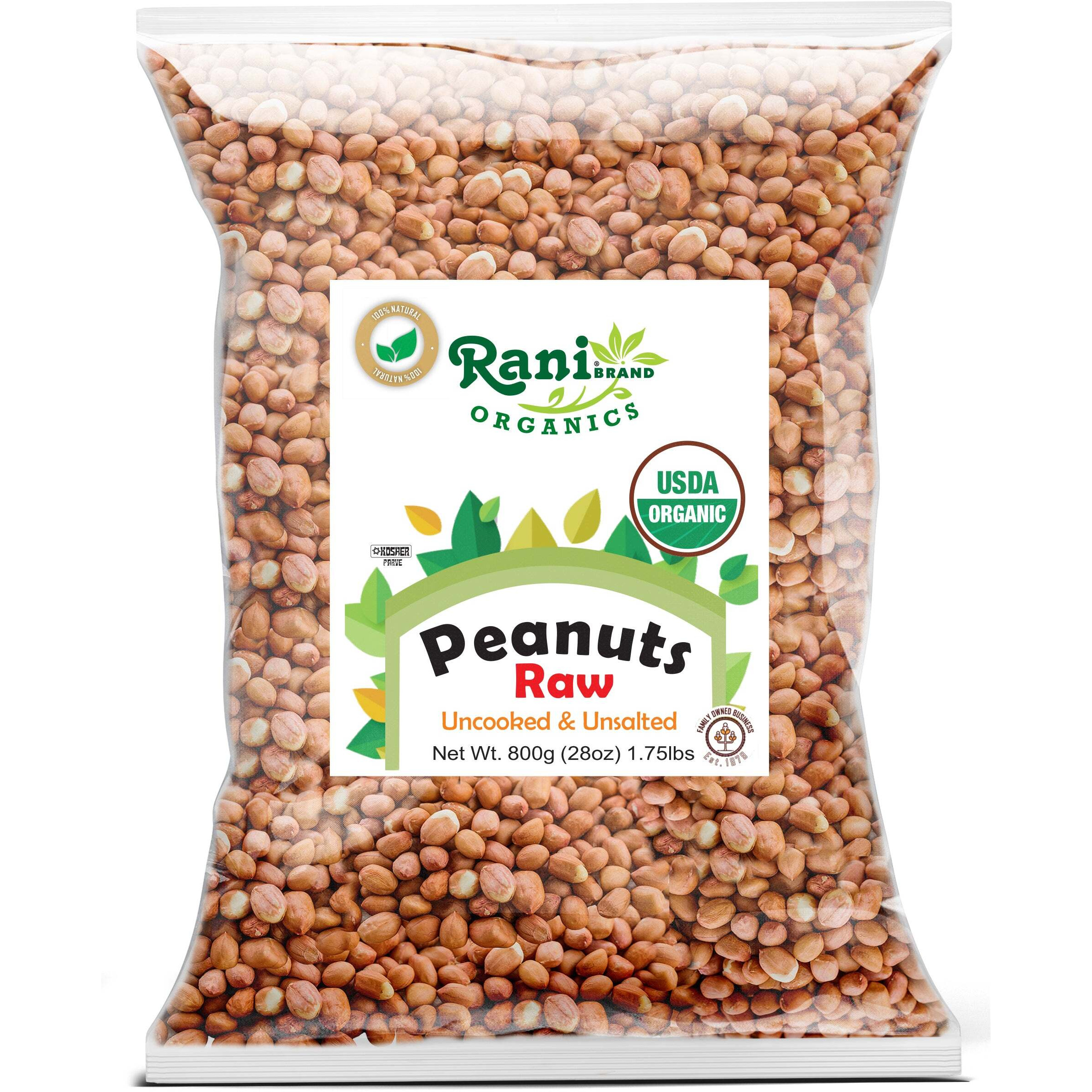 Rani Organic Peanuts, Raw Whole With Skin (uncooked, unsalted) 28oz (800g) ~ All Natural, Vegan, Gluten Friendly, Fresh Product of USA, USDA Certified Organic ~ Spanish Grade Groundnut/Red-skin