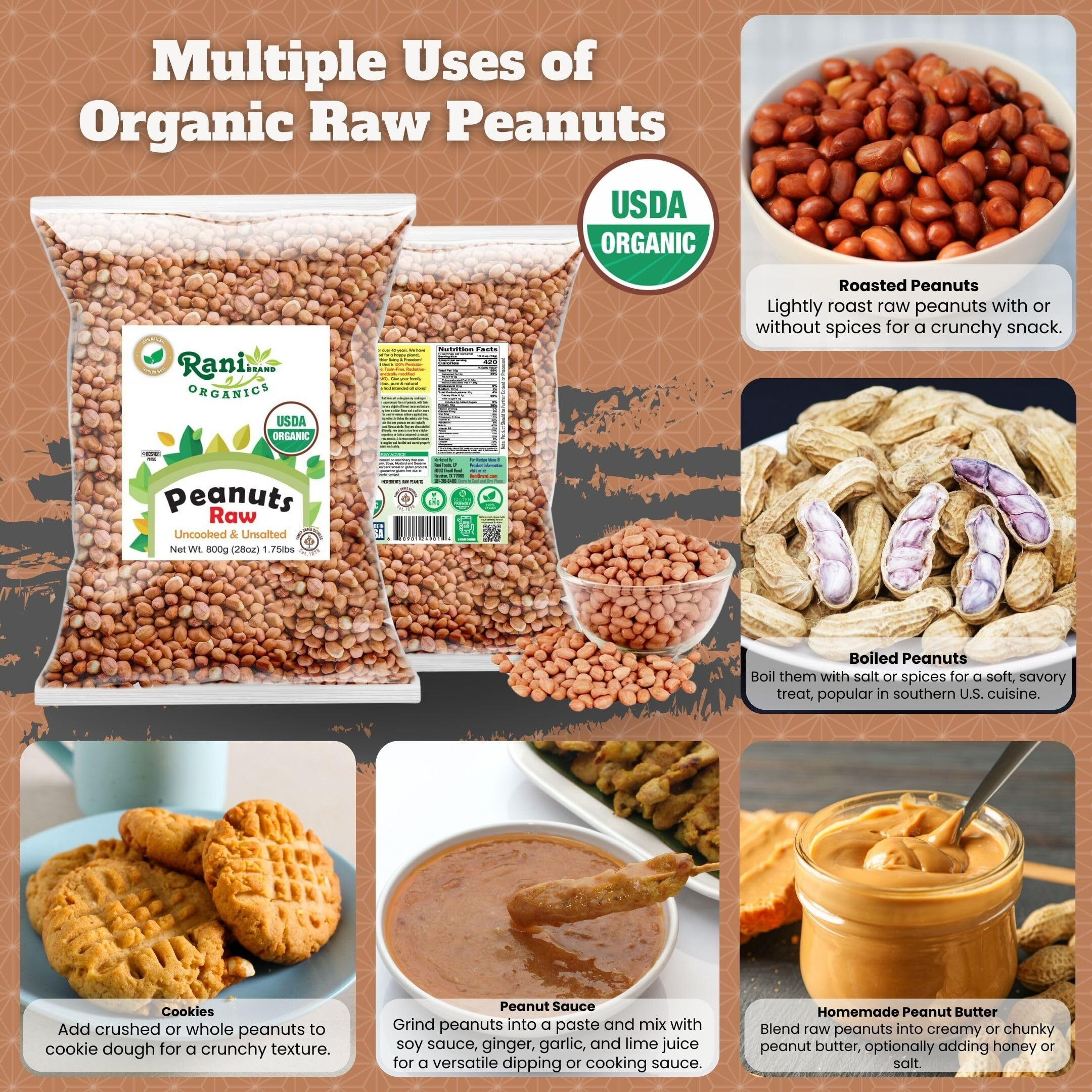 Rani Organic Peanuts, Raw Whole With Skin (uncooked, unsalted) 28oz (800g) ~ All Natural, Vegan, Gluten Friendly, Fresh Product of USA, USDA Certified Organic ~ Spanish Grade Groundnut/Red-skin