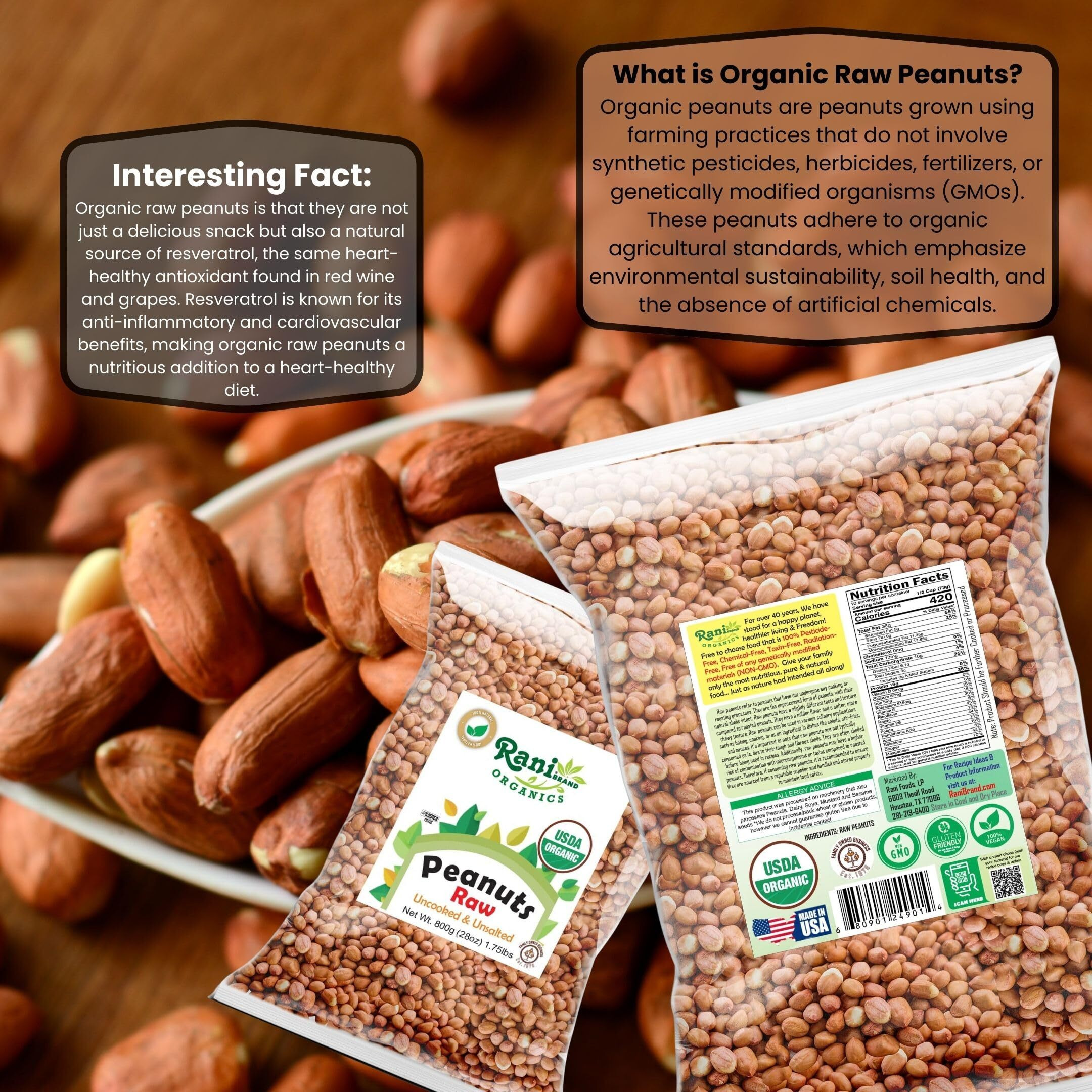 Rani Organic Peanuts, Raw Whole With Skin (uncooked, unsalted) 28oz (800g) ~ All Natural, Vegan, Gluten Friendly, Fresh Product of USA, USDA Certified Organic ~ Spanish Grade Groundnut/Red-skin