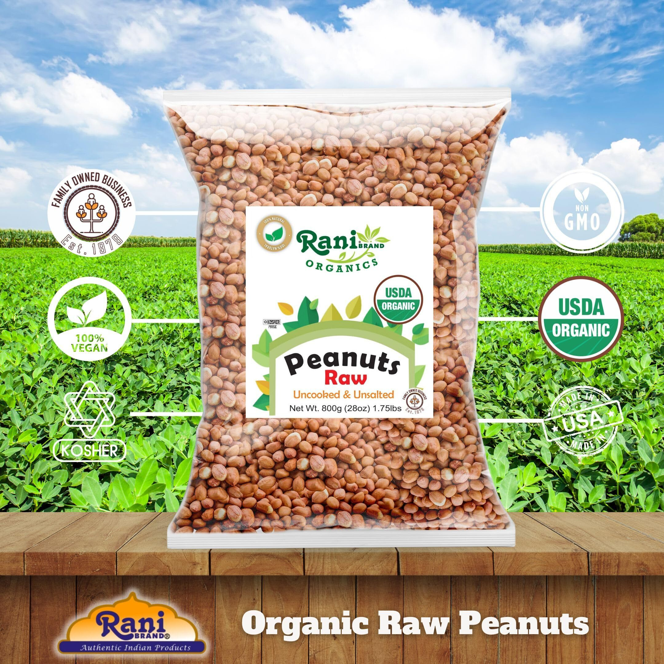 Rani Organic Peanuts, Raw Whole With Skin (uncooked, unsalted) 28oz (800g) ~ All Natural, Vegan, Gluten Friendly, Fresh Product of USA, USDA Certified Organic ~ Spanish Grade Groundnut/Red-skin