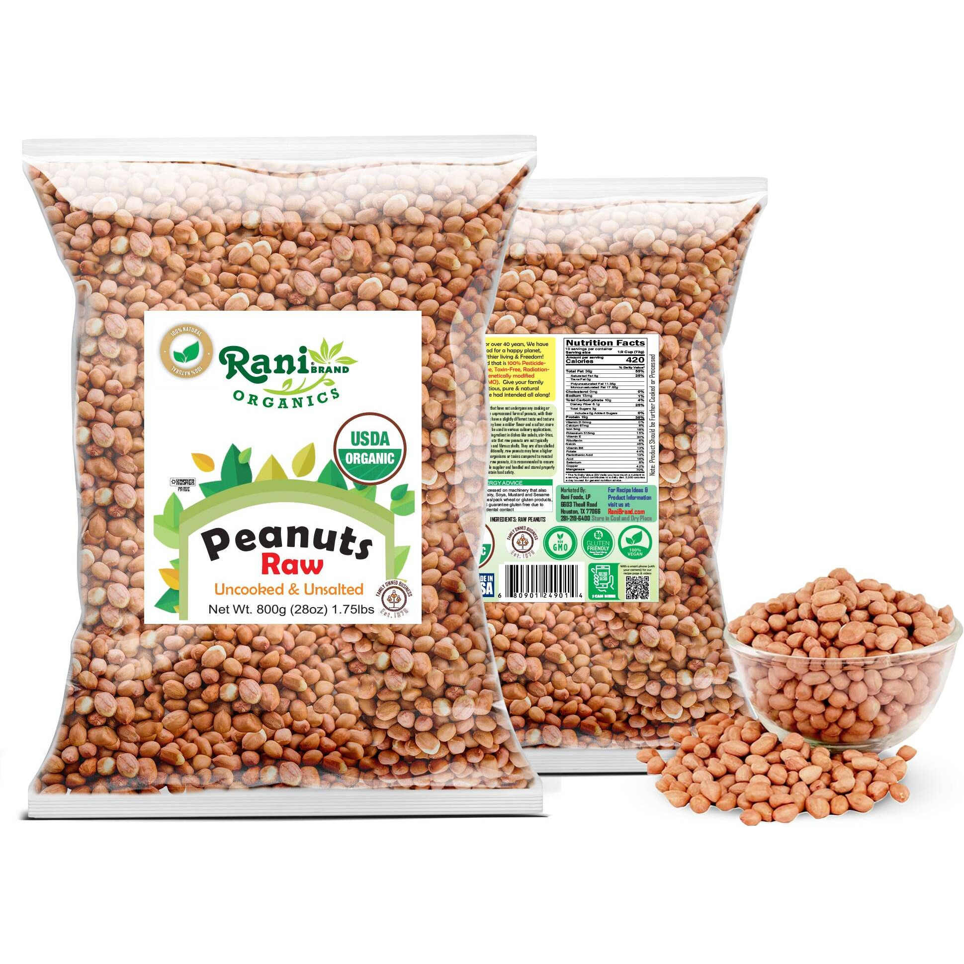 Rani Organic Peanuts, Raw Whole With Skin (uncooked, unsalted) 28oz (800g) ~ All Natural, Vegan, Gluten Friendly, Fresh Product of USA, USDA Certified Organic ~ Spanish Grade Groundnut/Red-skin